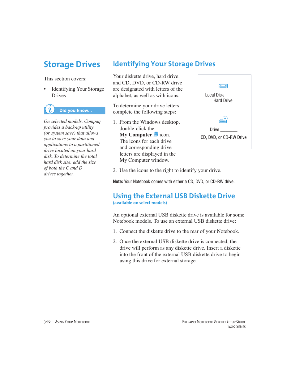 Storage drives, Identifying your storage drives, Using the external usb diskette drive | Compaq 1400 User Manual | Page 36 / 164