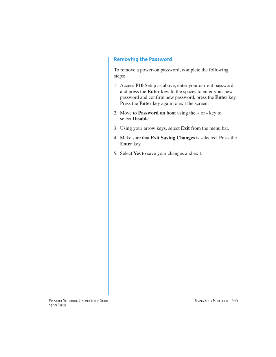 Removing the password | Compaq 1400 User Manual | Page 39 / 164