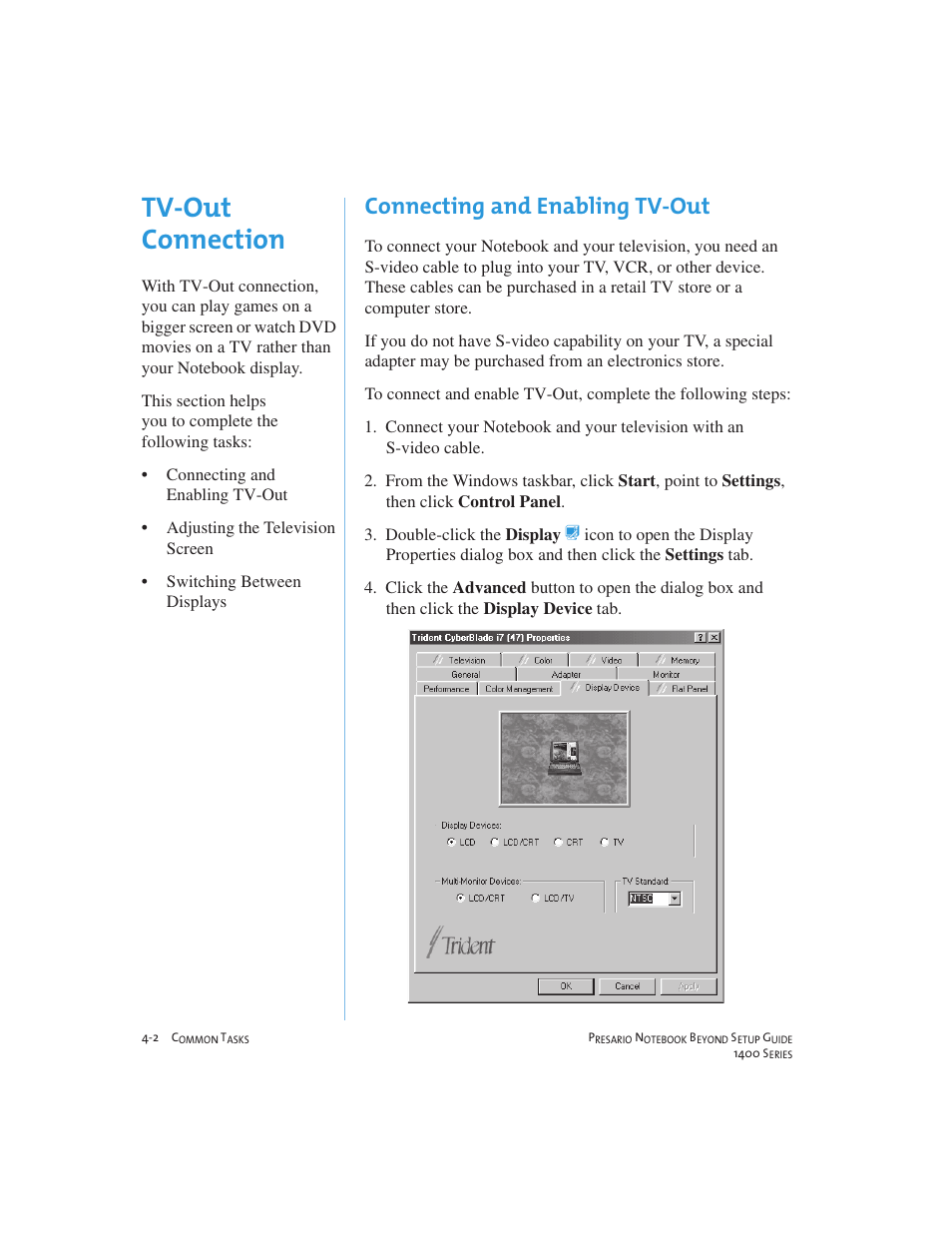 Tv-out connection, Connecting and enabling tv-out | Compaq 1400 User Manual | Page 42 / 164