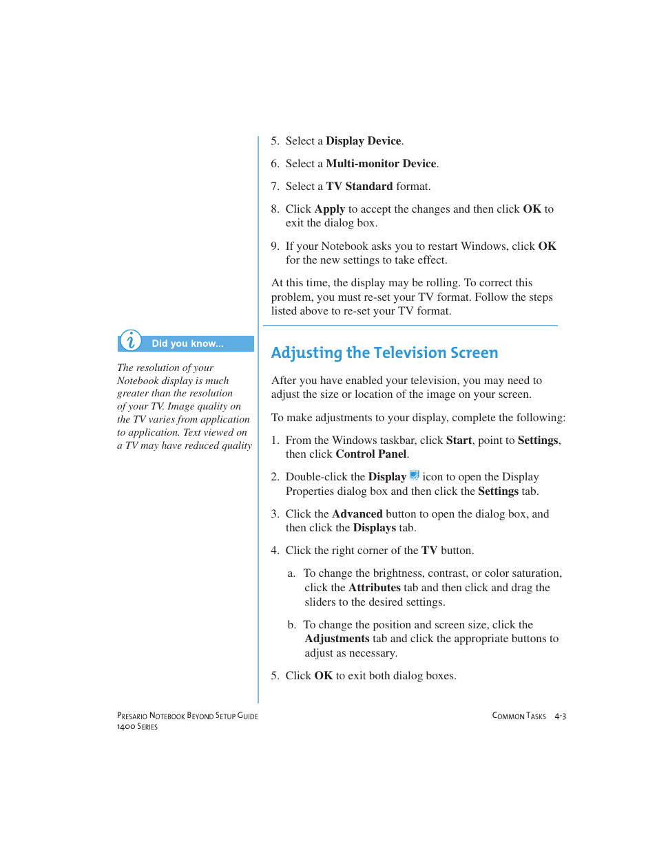 Adjusting the television screen | Compaq 1400 User Manual | Page 43 / 164