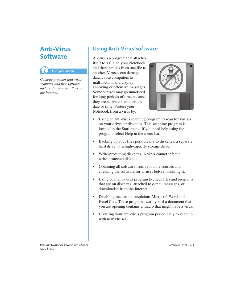 Anti-virus software, Using anti-virus software | Compaq 1400 User Manual | Page 45 / 164