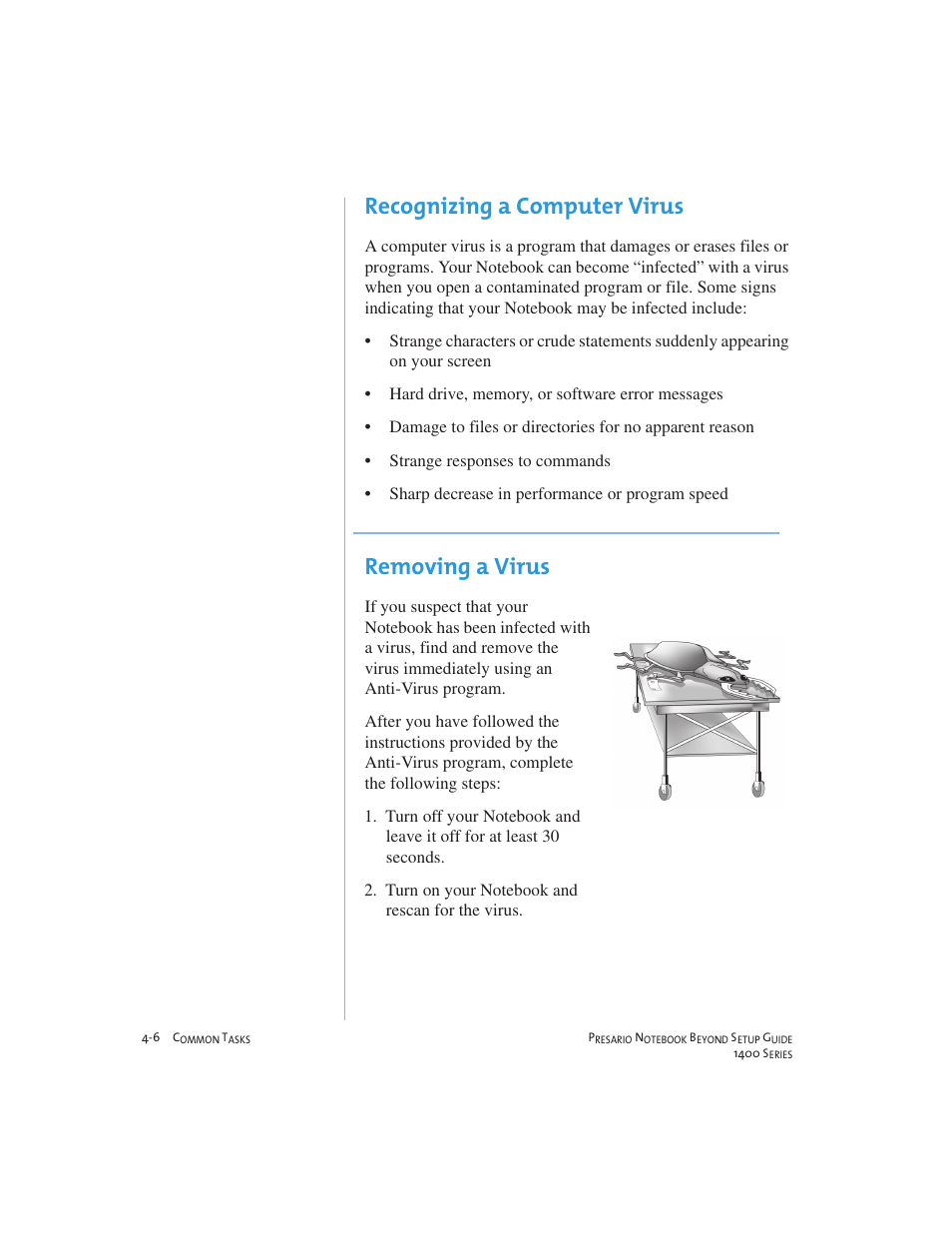 Recognizing a computer virus, Removing a virus | Compaq 1400 User Manual | Page 46 / 164