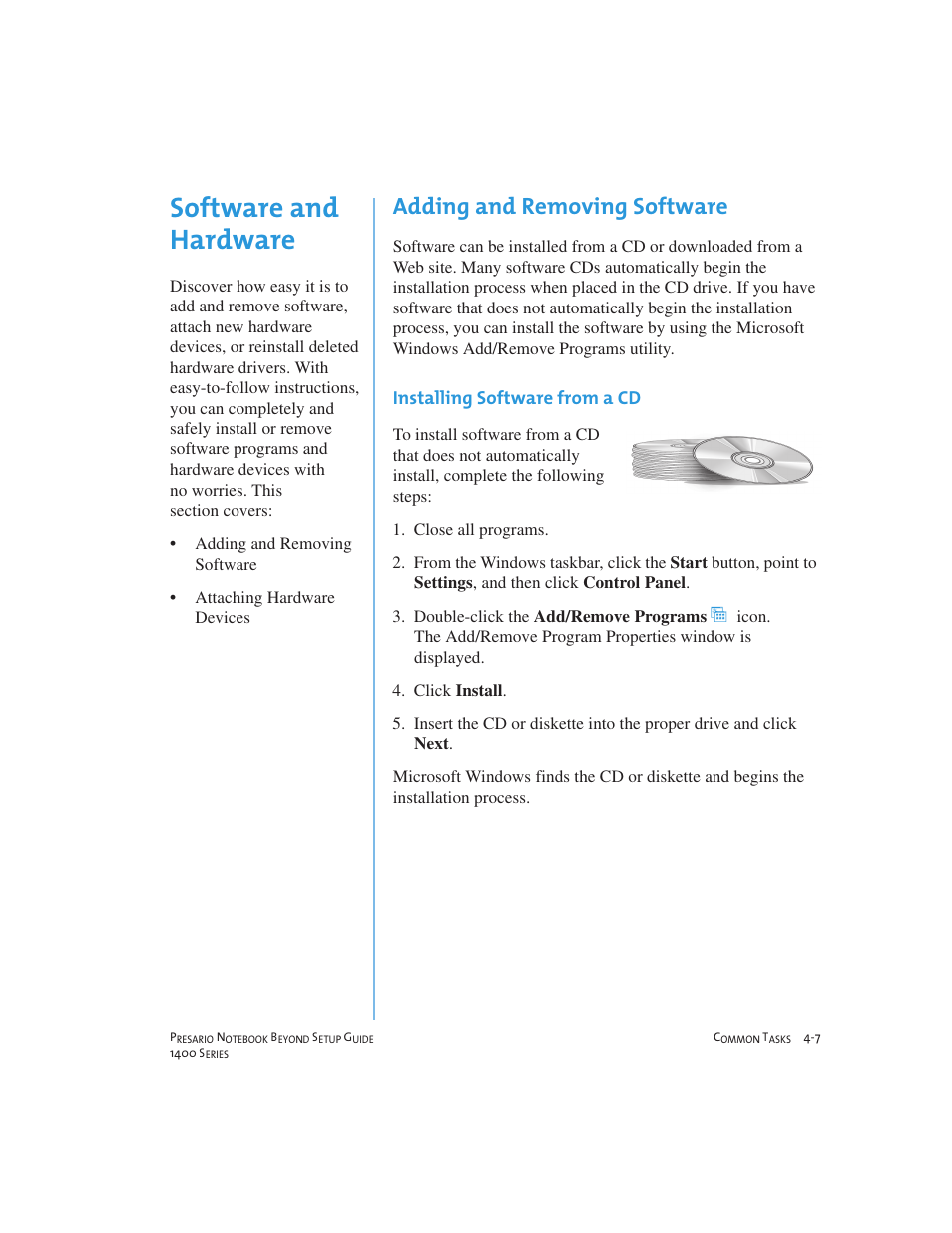 Software and hardware, Adding and removing software | Compaq 1400 User Manual | Page 47 / 164