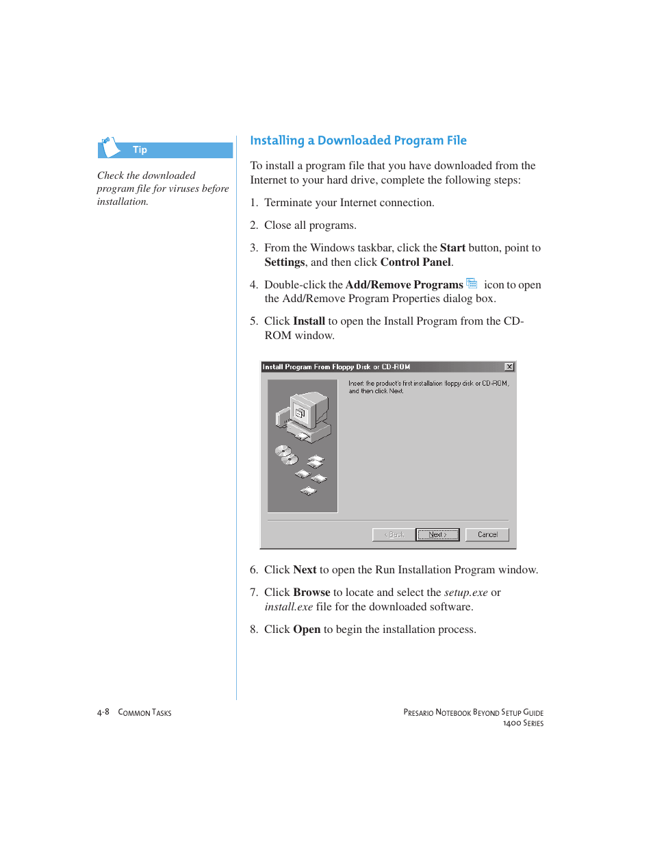 Installing a downloaded program file | Compaq 1400 User Manual | Page 48 / 164