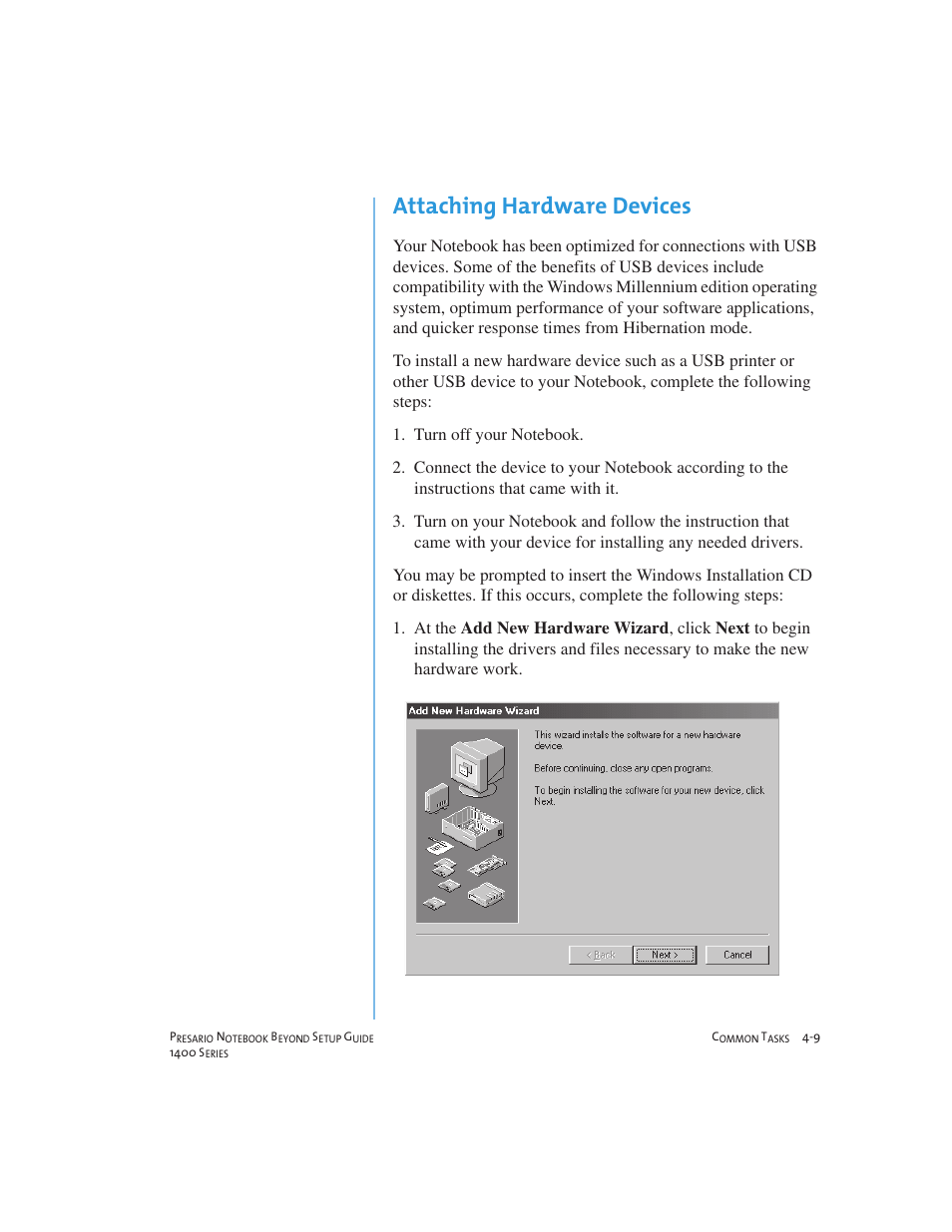 Attaching hardware devices | Compaq 1400 User Manual | Page 49 / 164
