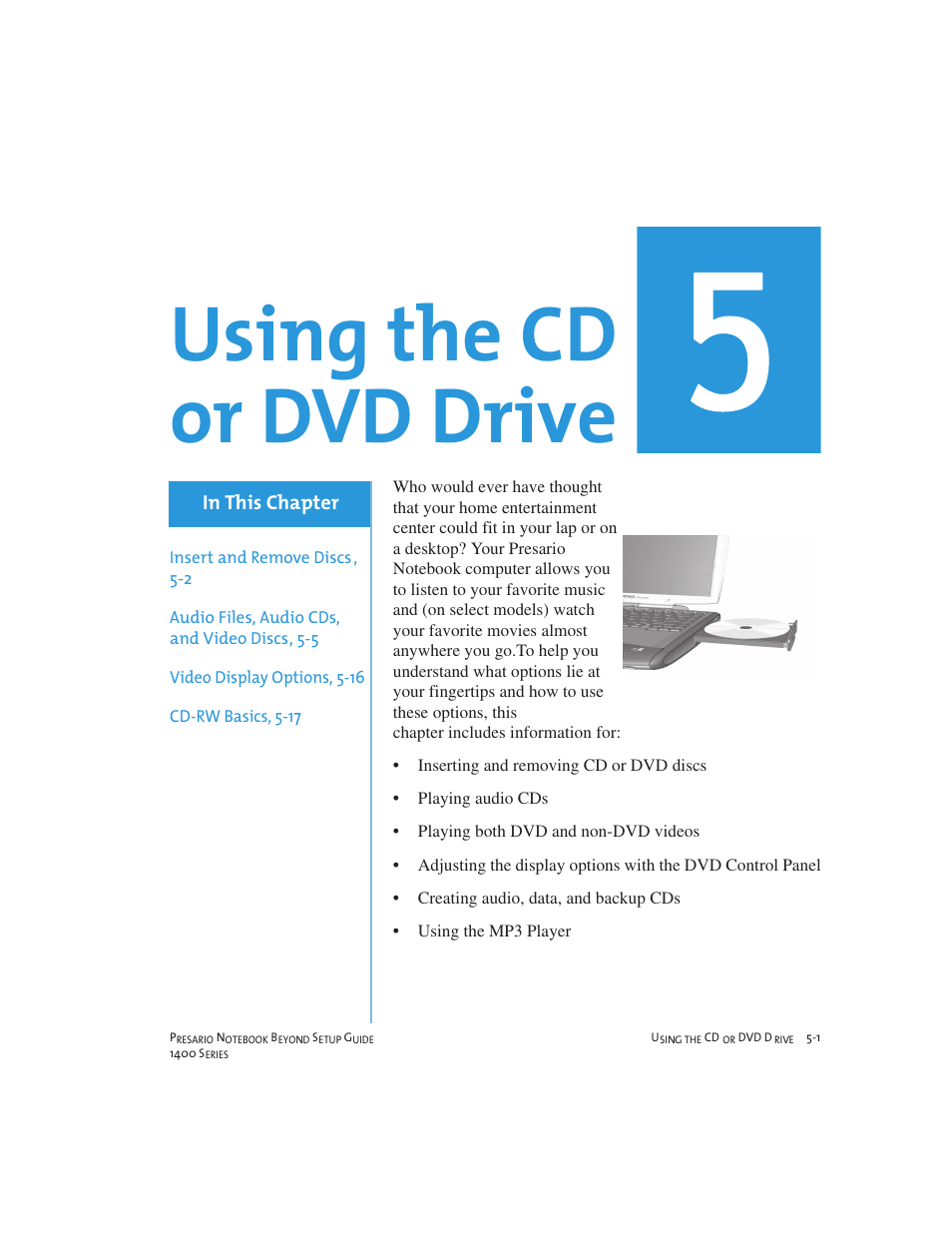 Using the cd or dvd drive | Compaq 1400 User Manual | Page 51 / 164