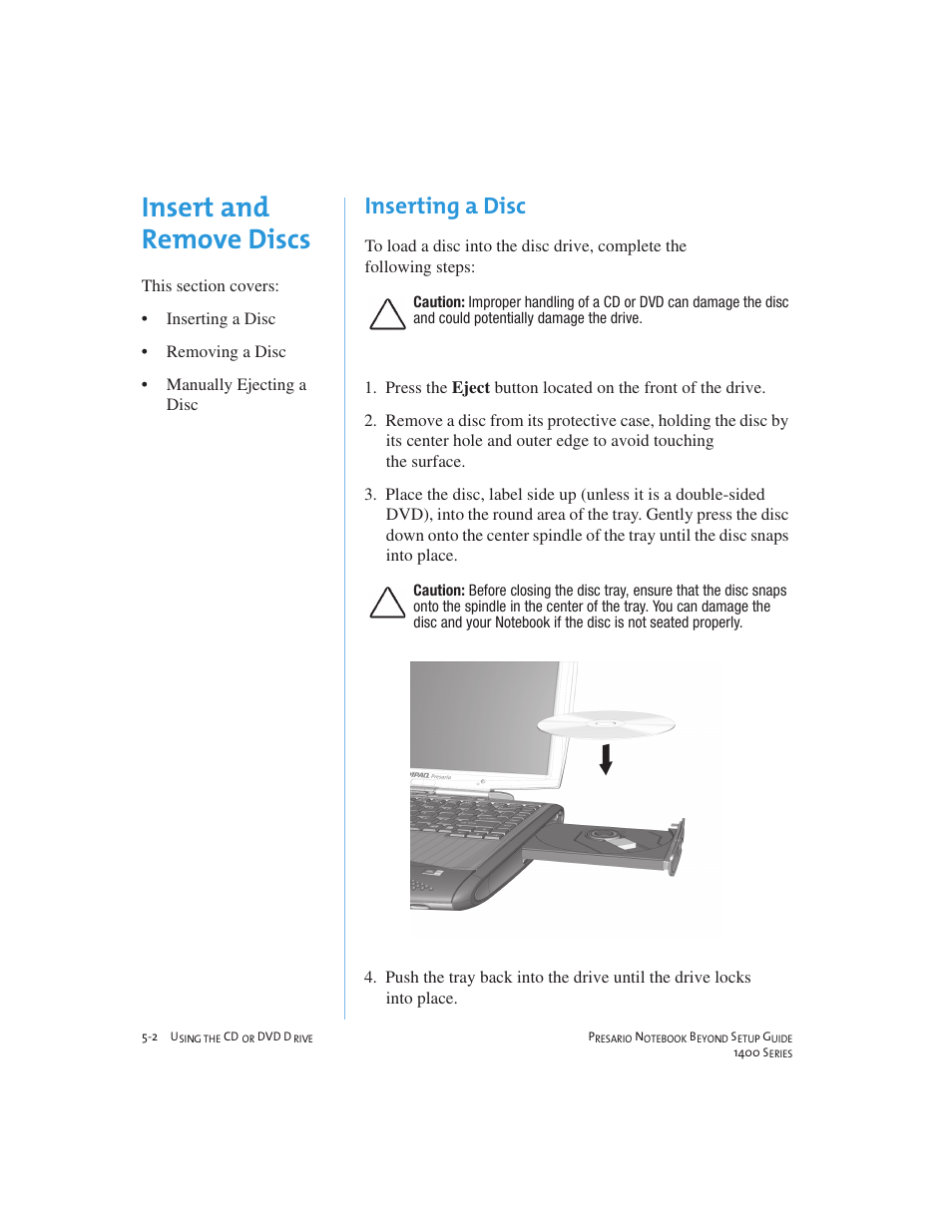 Insert and remove discs, Inserting a disc | Compaq 1400 User Manual | Page 52 / 164