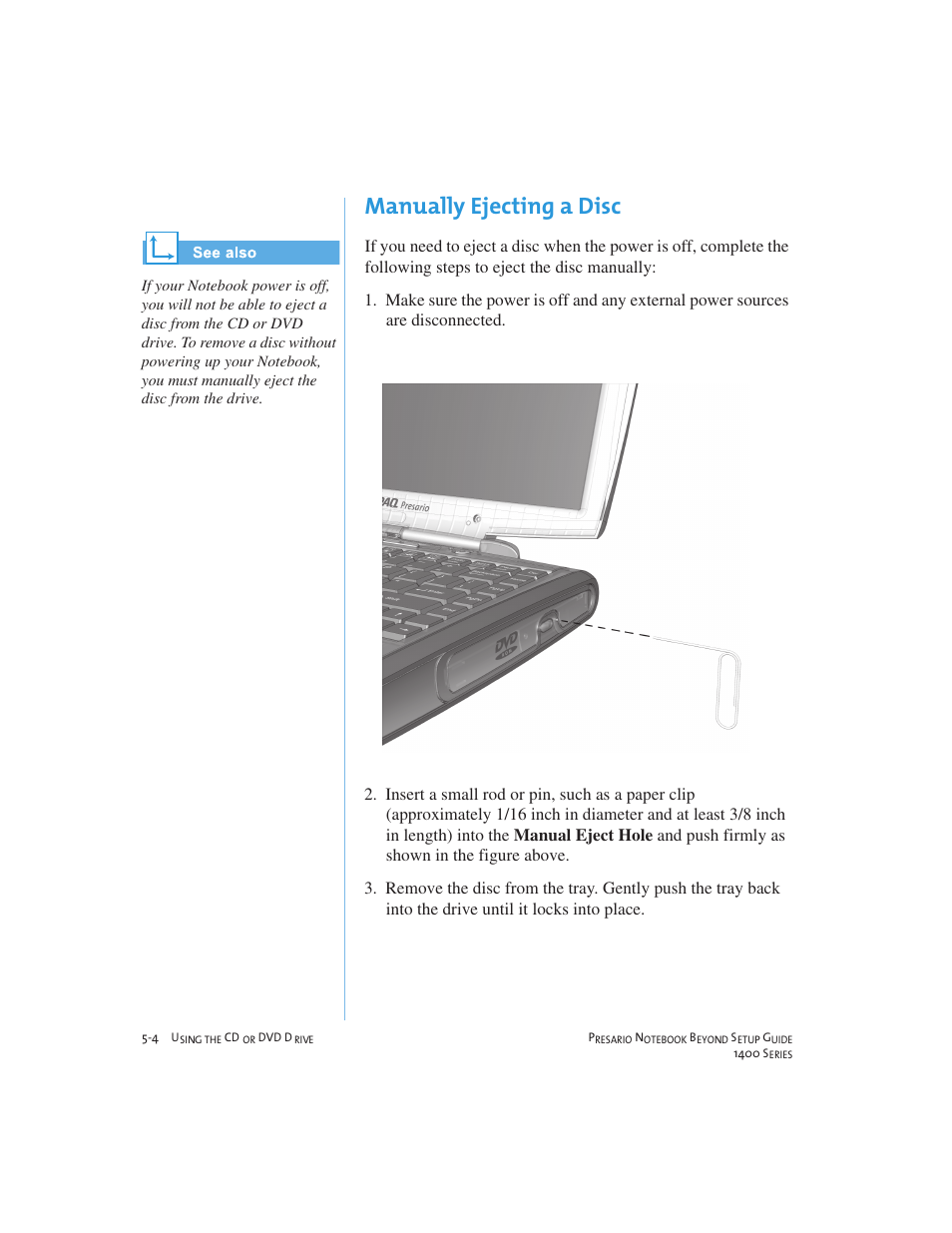 Manually ejecting a disc | Compaq 1400 User Manual | Page 54 / 164