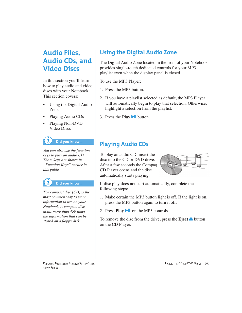 Audio files, audio cds, and video discs, Using the digital audio zone, Playing audio cds | Compaq 1400 User Manual | Page 55 / 164