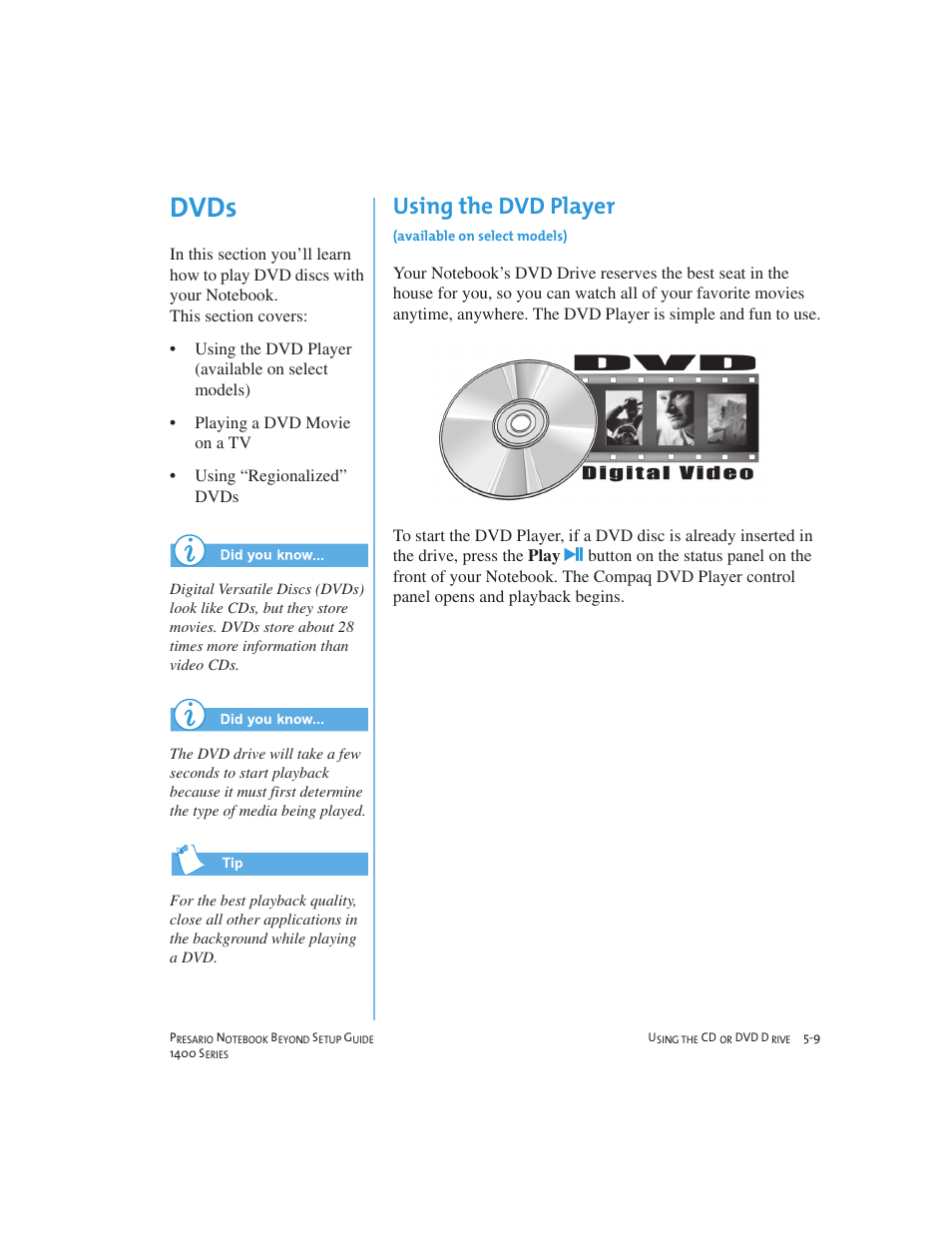 Dvds, Using the dvd player | Compaq 1400 User Manual | Page 59 / 164