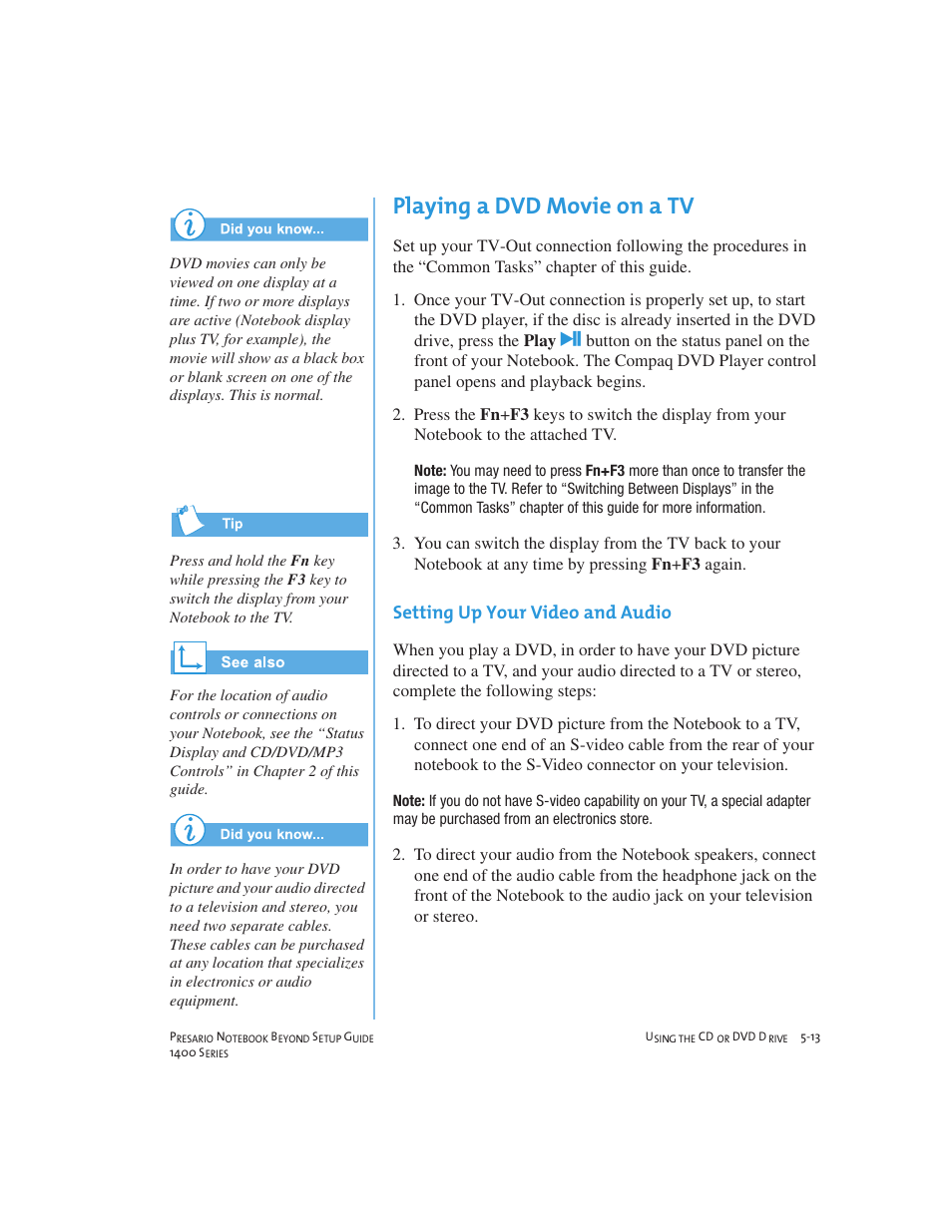 Playing a dvd movie on a tv, Setting up your video and audio | Compaq 1400 User Manual | Page 63 / 164