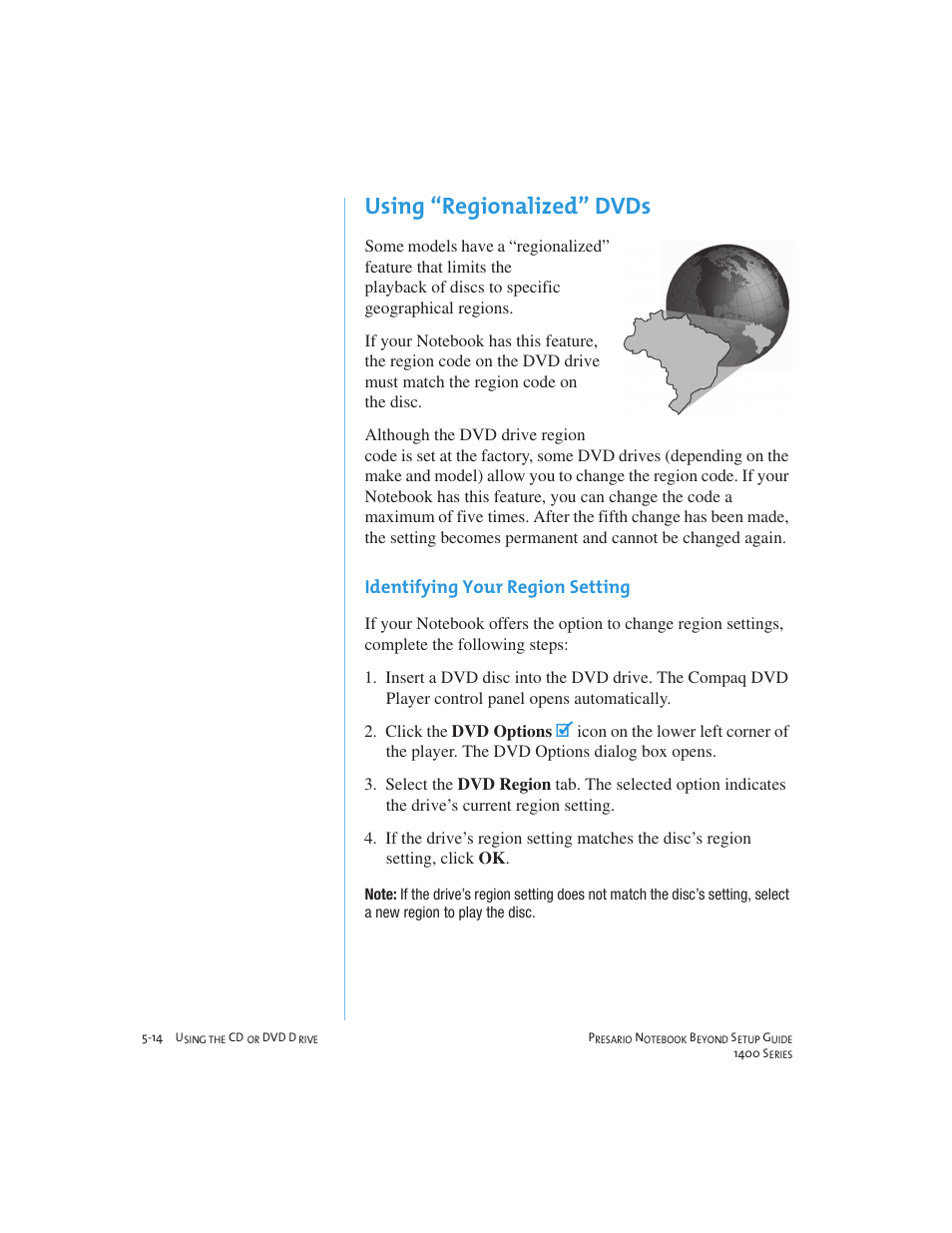 Using regionalized dvds, Identifying your region setting | Compaq 1400 User Manual | Page 64 / 164