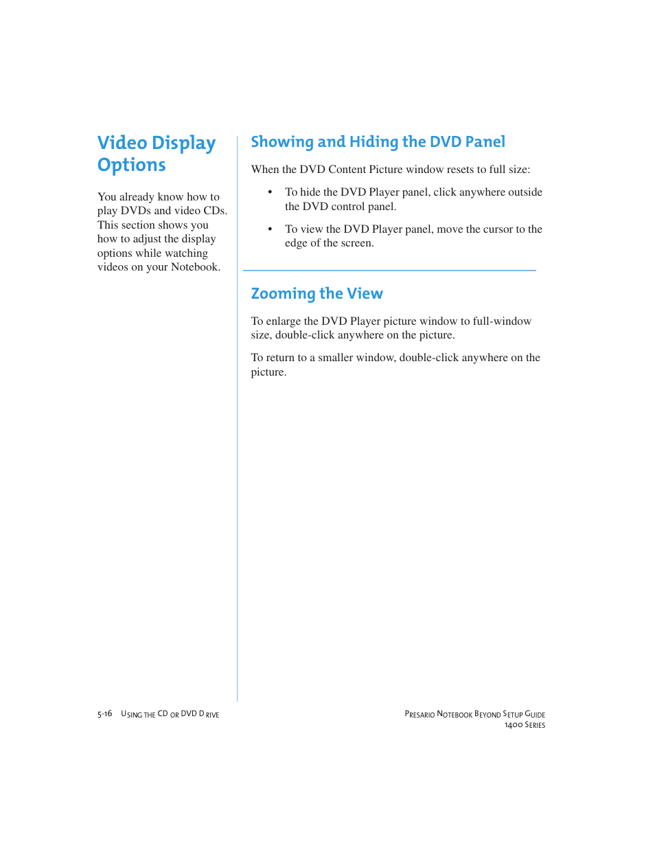 Video display options, Showing and hiding the dvd panel, Zooming the view | Compaq 1400 User Manual | Page 66 / 164