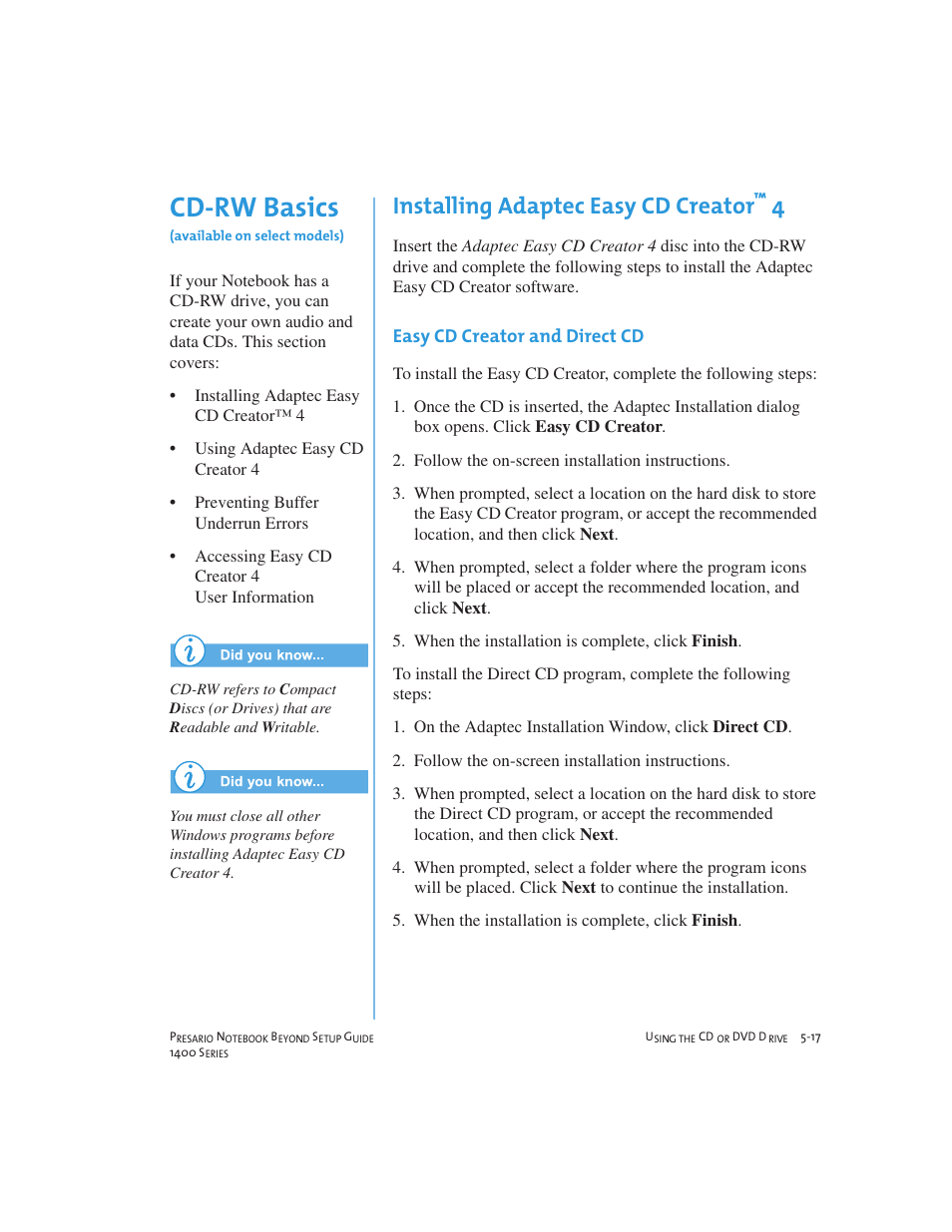 Cd-rw basics, Installing adaptec easy cd creator | Compaq 1400 User Manual | Page 67 / 164