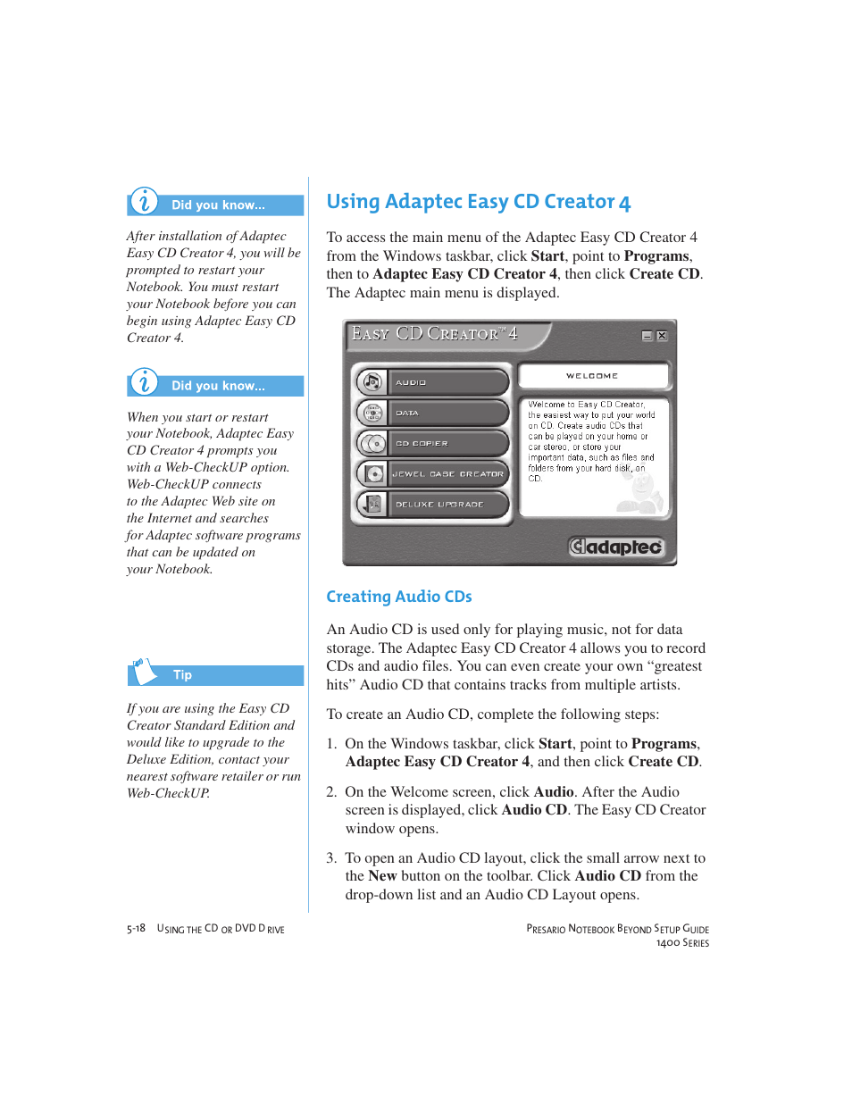 Using adaptec easy cd creator, Creating audio cds | Compaq 1400 User Manual | Page 68 / 164