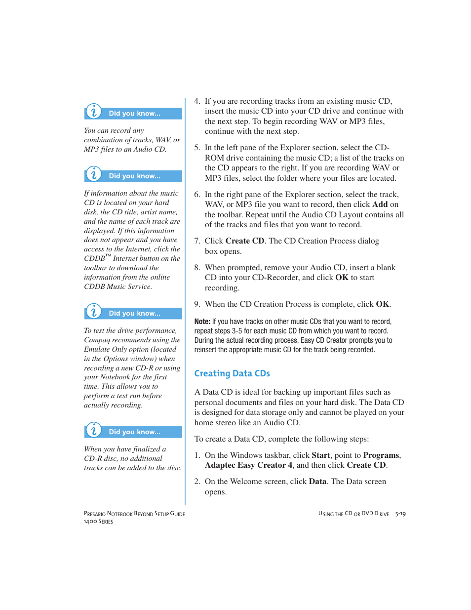 Creating data cds | Compaq 1400 User Manual | Page 69 / 164