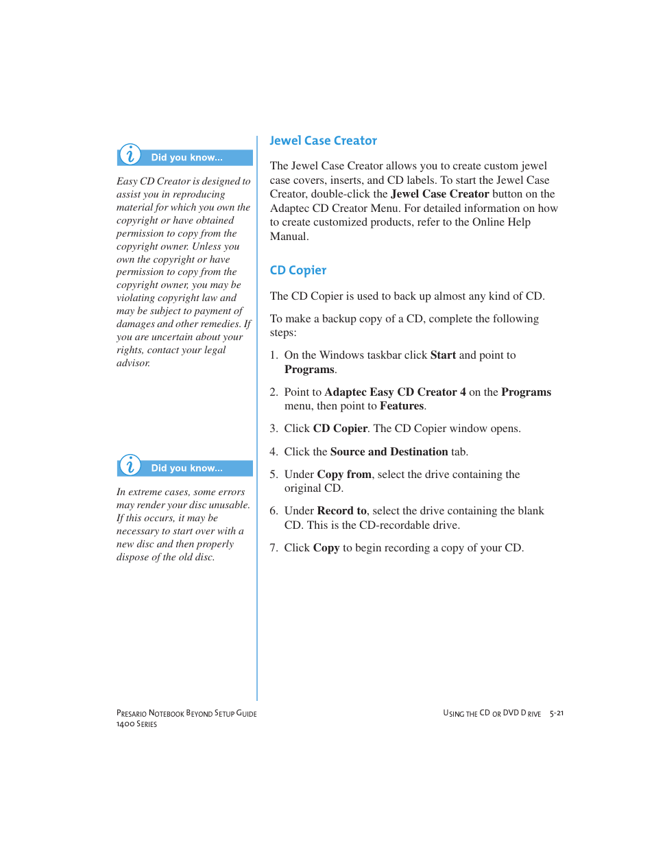 Jewel case creator, Cd copier | Compaq 1400 User Manual | Page 71 / 164