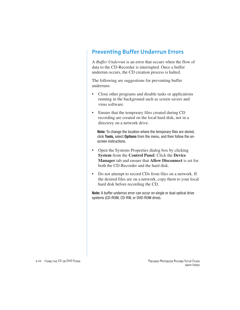 Preventing buffer underrun errors | Compaq 1400 User Manual | Page 72 / 164
