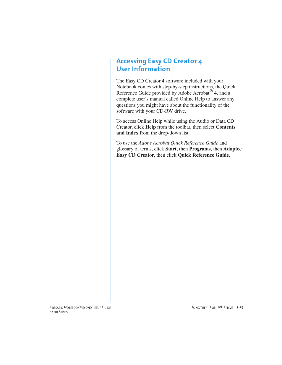 Accessing easy cd creator 4 user information | Compaq 1400 User Manual | Page 73 / 164