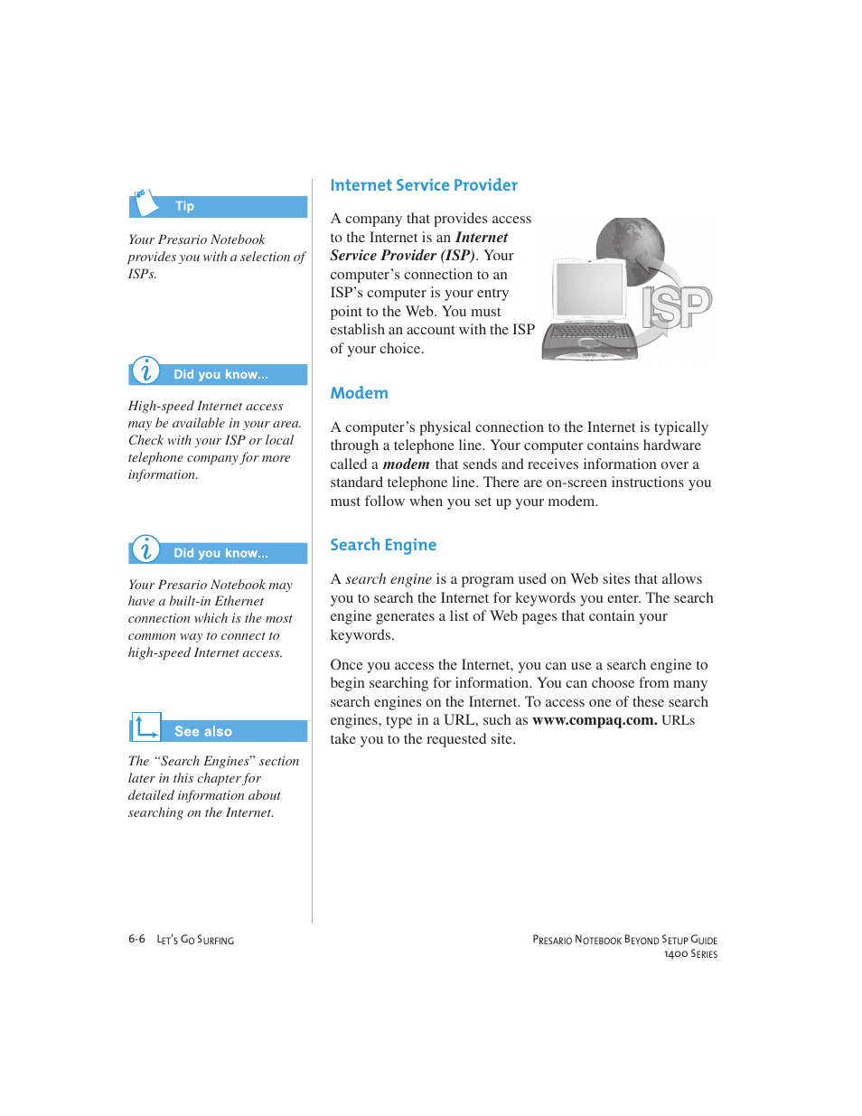 Internet service provider, Modem, Search engine | Compaq 1400 User Manual | Page 80 / 164