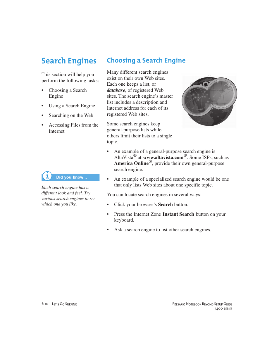 Search engines, Choosing a search engine | Compaq 1400 User Manual | Page 84 / 164