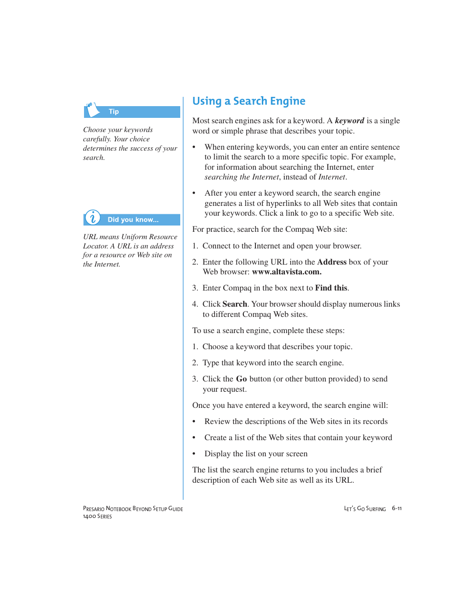 Using a search engine | Compaq 1400 User Manual | Page 85 / 164