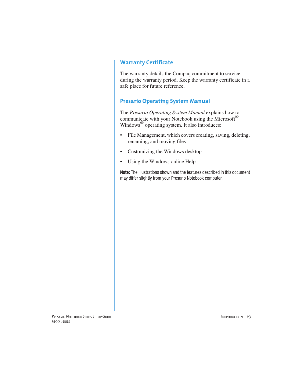 Warranty certificate, Presario operating system manual | Compaq 1400 User Manual | Page 9 / 164