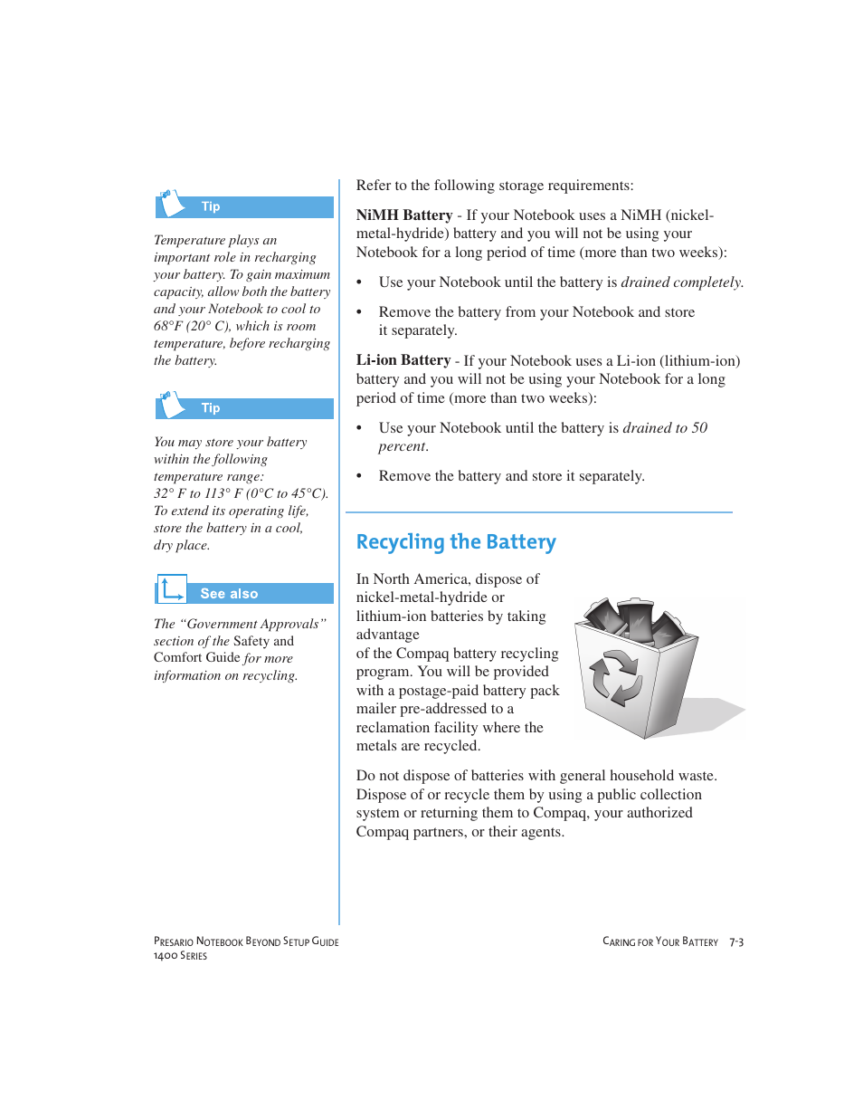 Recycling the battery | Compaq 1400 User Manual | Page 91 / 164