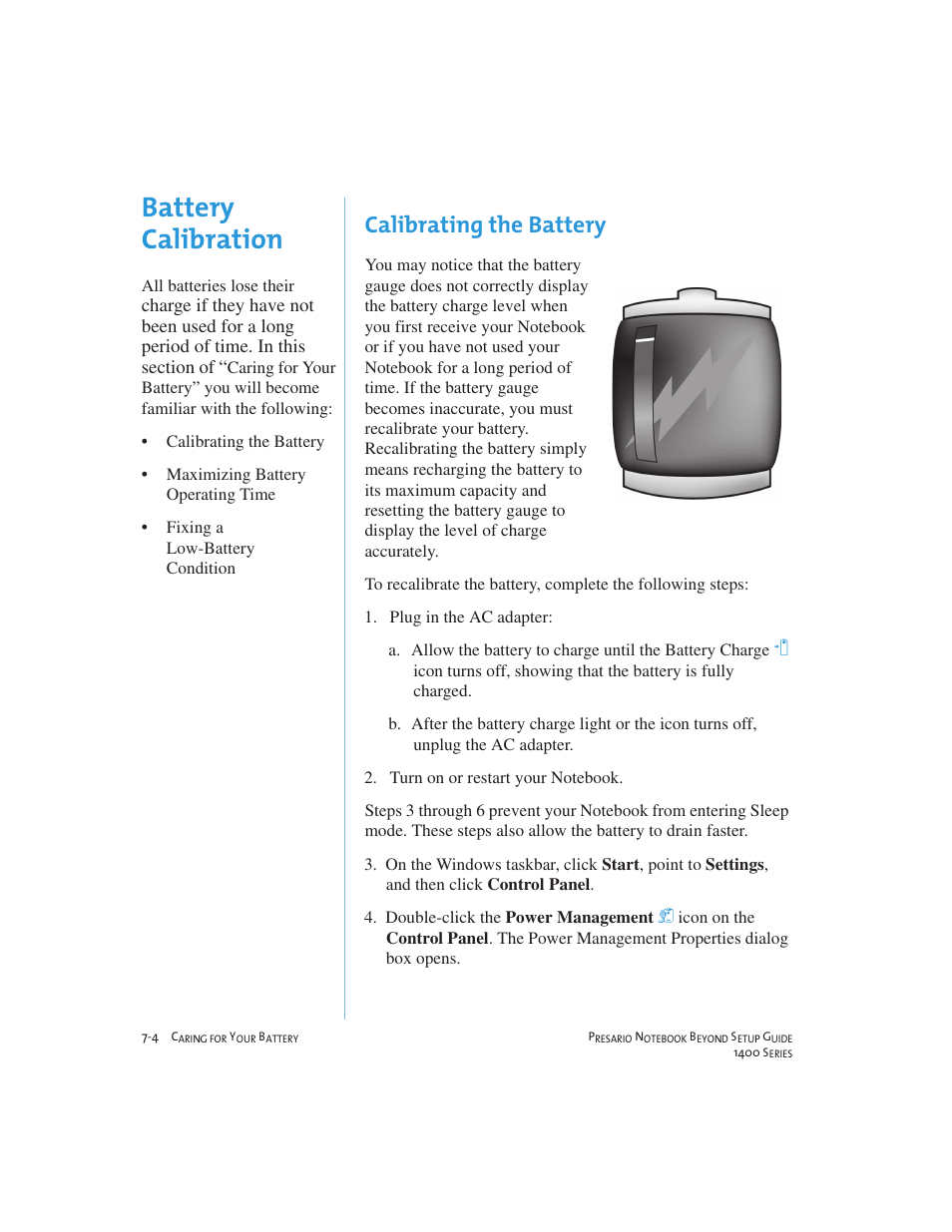 Battery calibration, Calibrating the battery | Compaq 1400 User Manual | Page 92 / 164