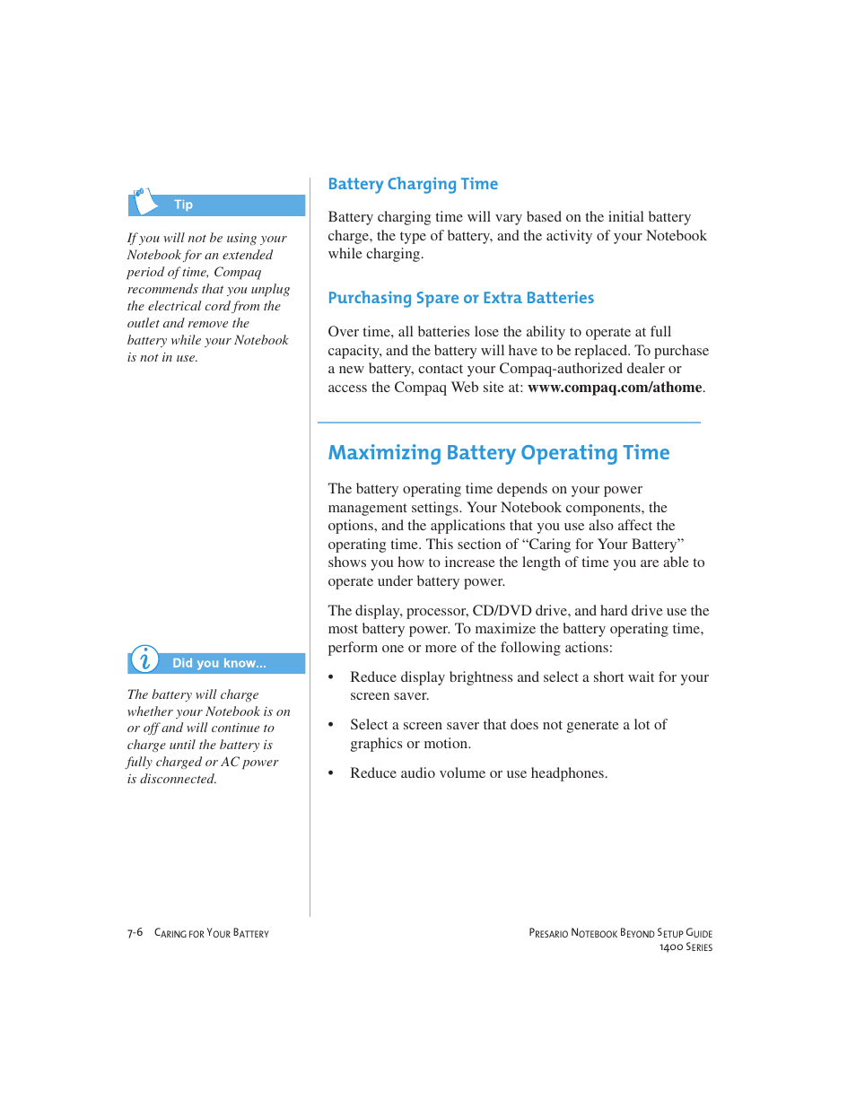 Maximizing battery operating time, Battery charging time, Purchasing spare or extra batteries | Compaq 1400 User Manual | Page 94 / 164