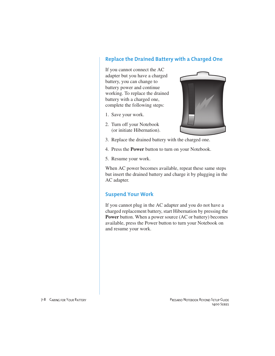 Replace the drained battery with a charged one, Suspend your work | Compaq 1400 User Manual | Page 96 / 164