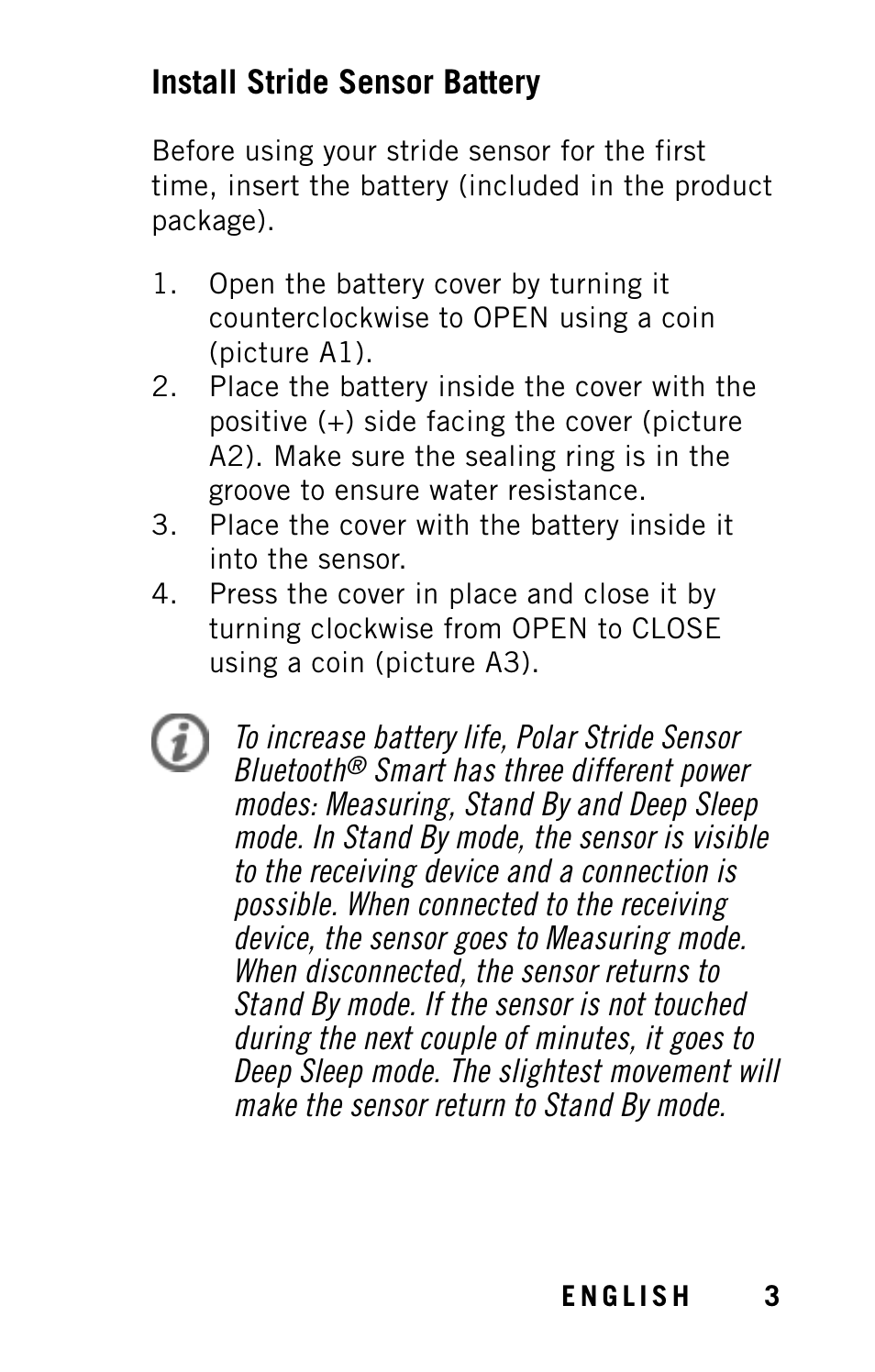 Install stride sensor battery | POLAR Stride Sensor BT Smart User Manual | Page 5 / 18