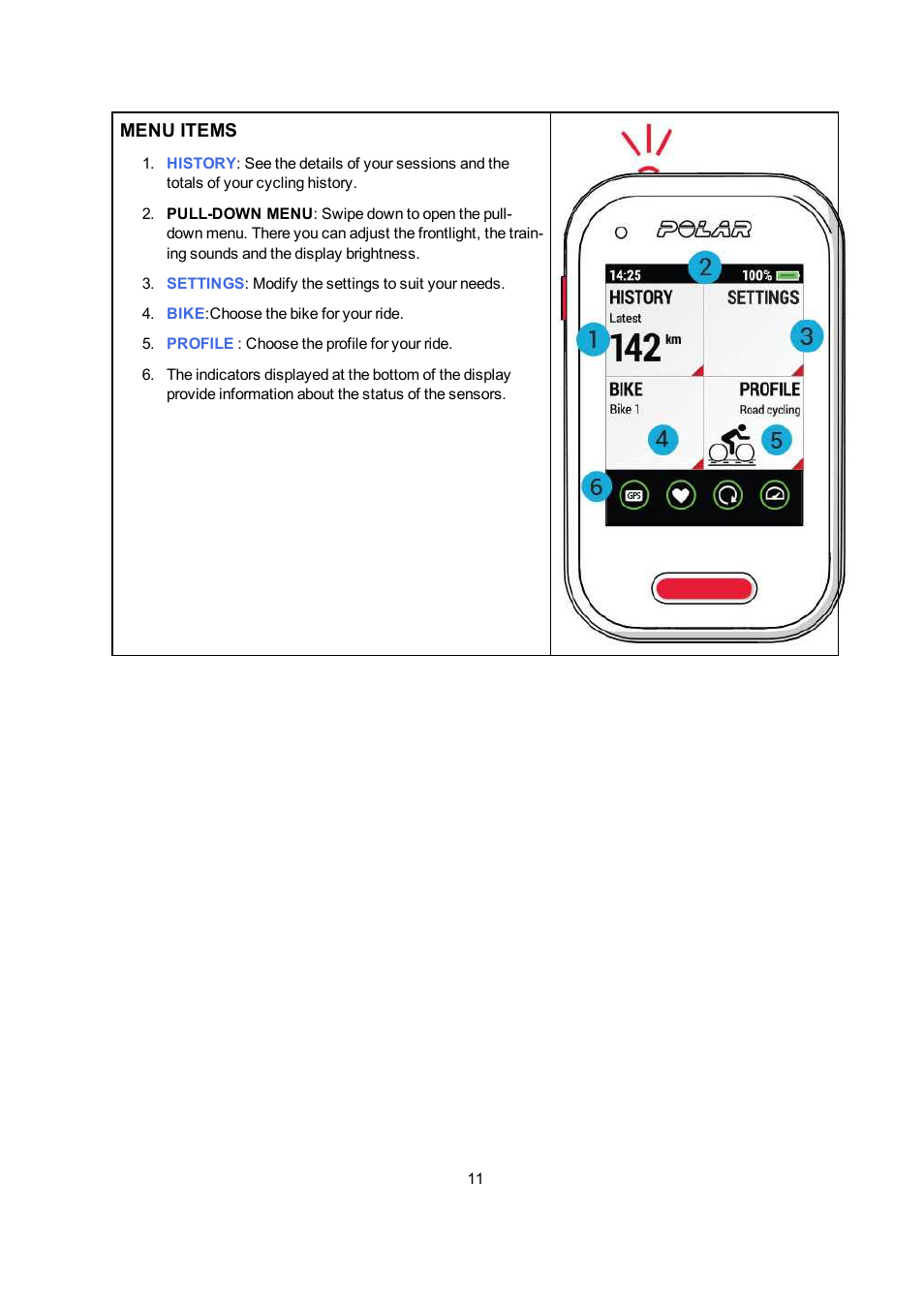 Menu items | POLAR V650 User Manual | Page 11 / 56