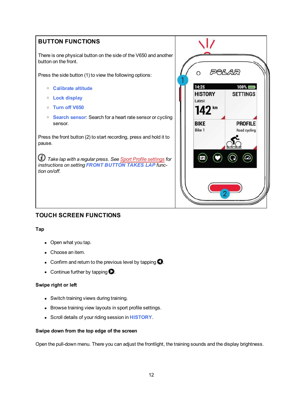 Button functions, Touch screen functions | POLAR V650 User Manual | Page 12 / 56