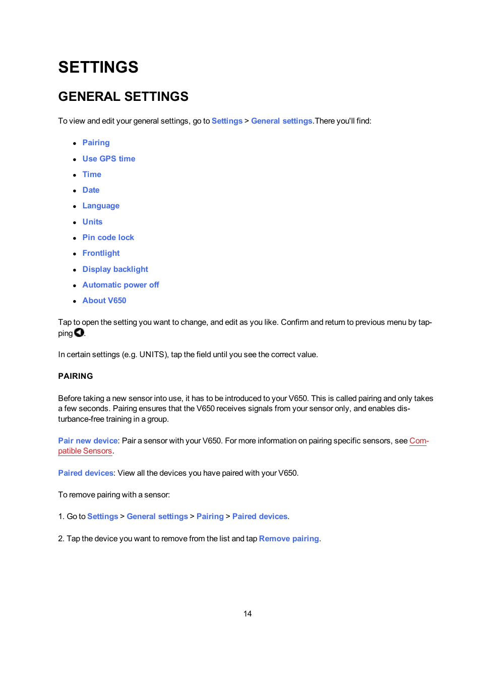 Settings, General settings, Pairing | POLAR V650 User Manual | Page 14 / 56