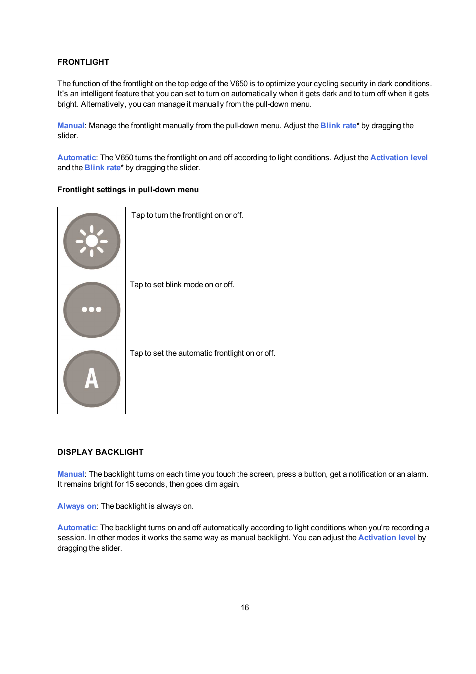 Frontlight, Display backlight | POLAR V650 User Manual | Page 16 / 56