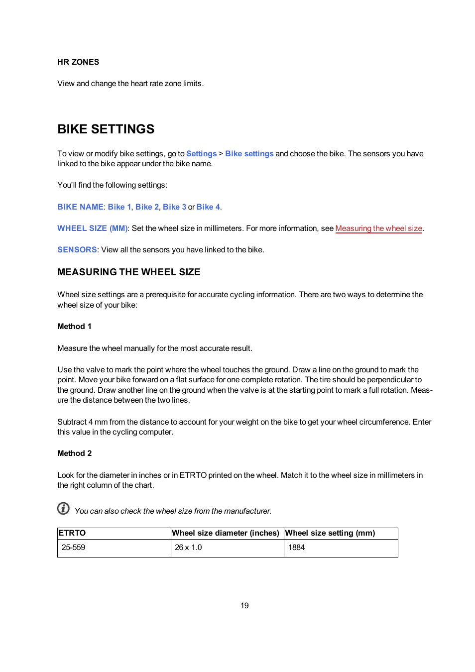 Hr zones, Bike settings, Measuring the wheel size | Measurin | POLAR V650 User Manual | Page 19 / 56