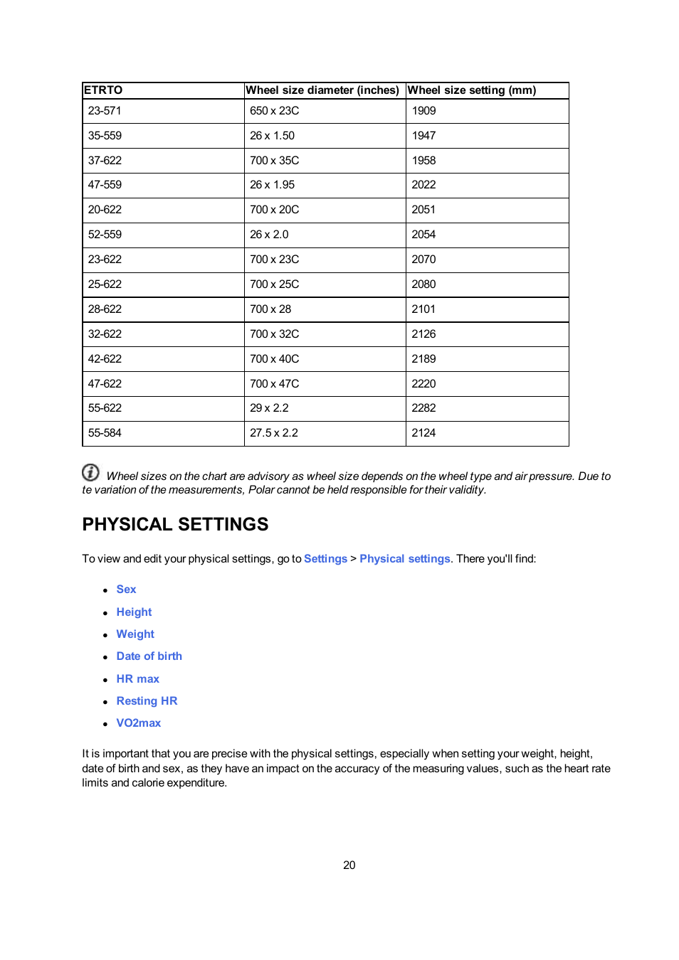 Physical settings | POLAR V650 User Manual | Page 20 / 56