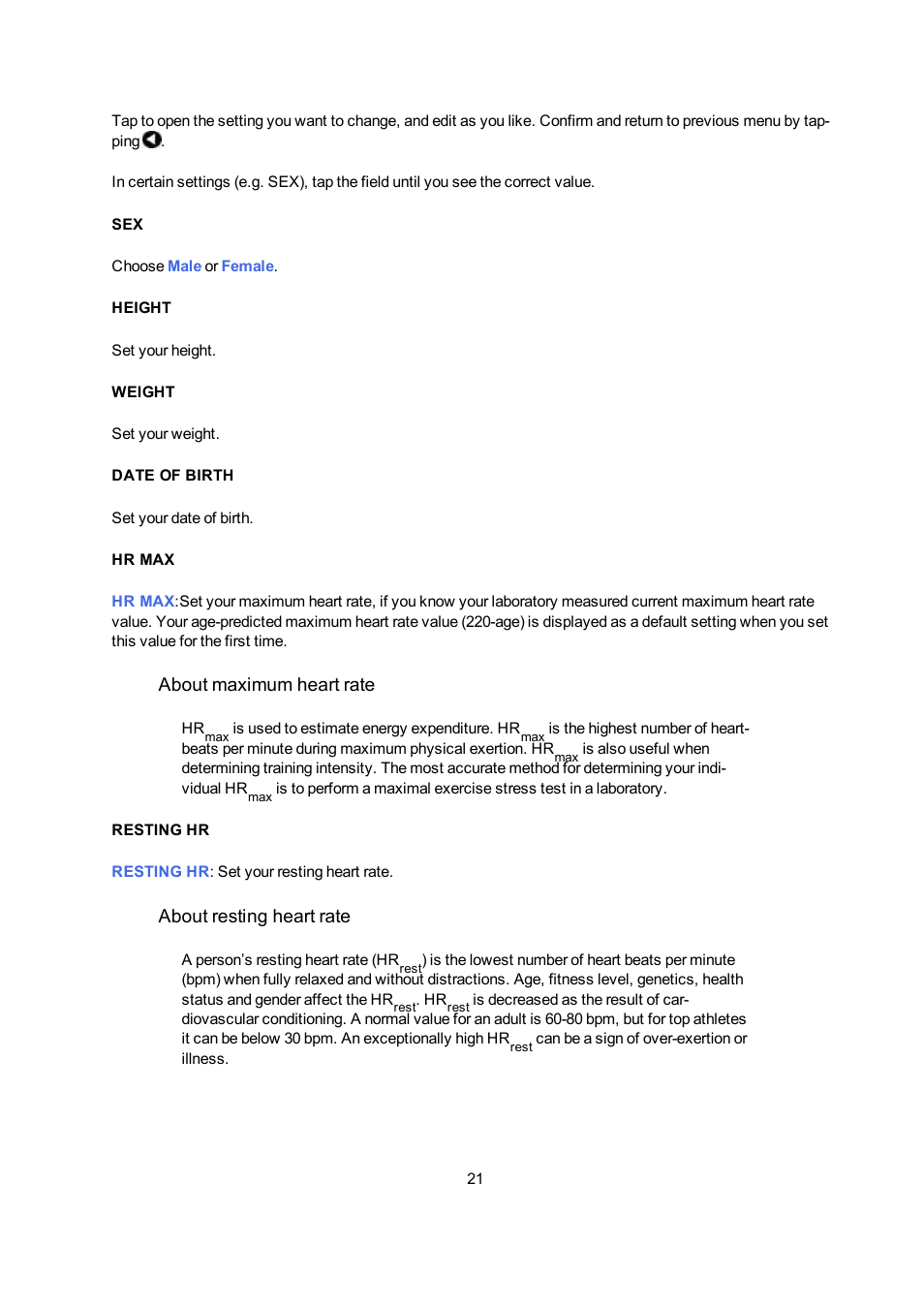 Height, Weight, Date of birth | Hr max, Resting hr | POLAR V650 User Manual | Page 21 / 56