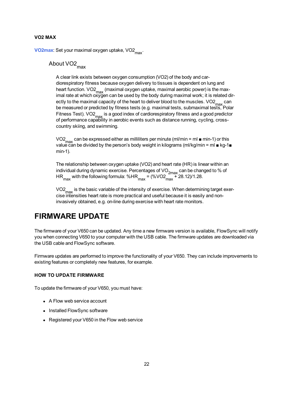 Vo2 max, Firmware update, About vo2 | POLAR V650 User Manual | Page 22 / 56