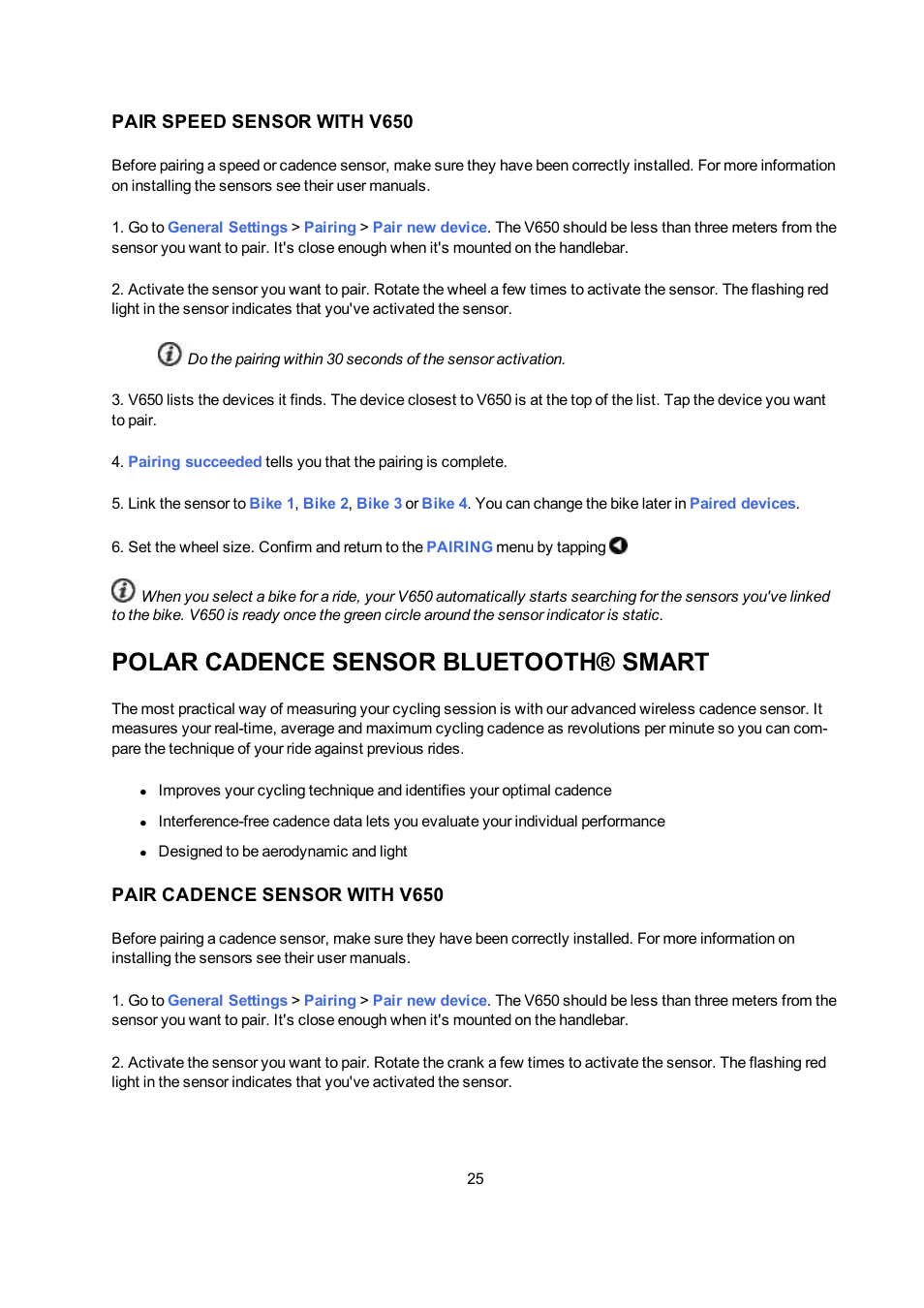 Pair speed sensor with v650, Polar cadence sensor bluetooth® smart, Pair cadence sensor with v650 | POLAR V650 User Manual | Page 25 / 56