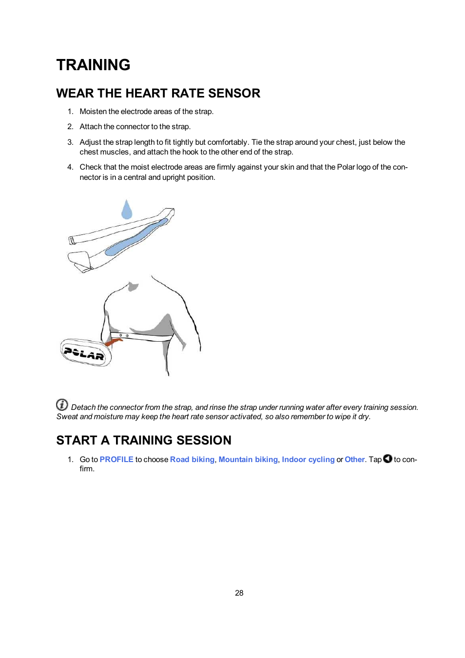 Training, Wear the heart rate sensor, Start a training session | POLAR V650 User Manual | Page 28 / 56