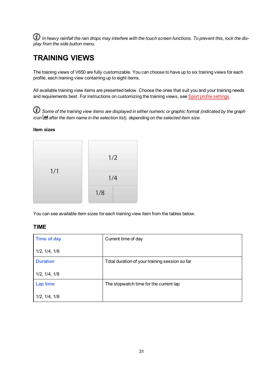 Training views, Time | POLAR V650 User Manual | Page 31 / 56