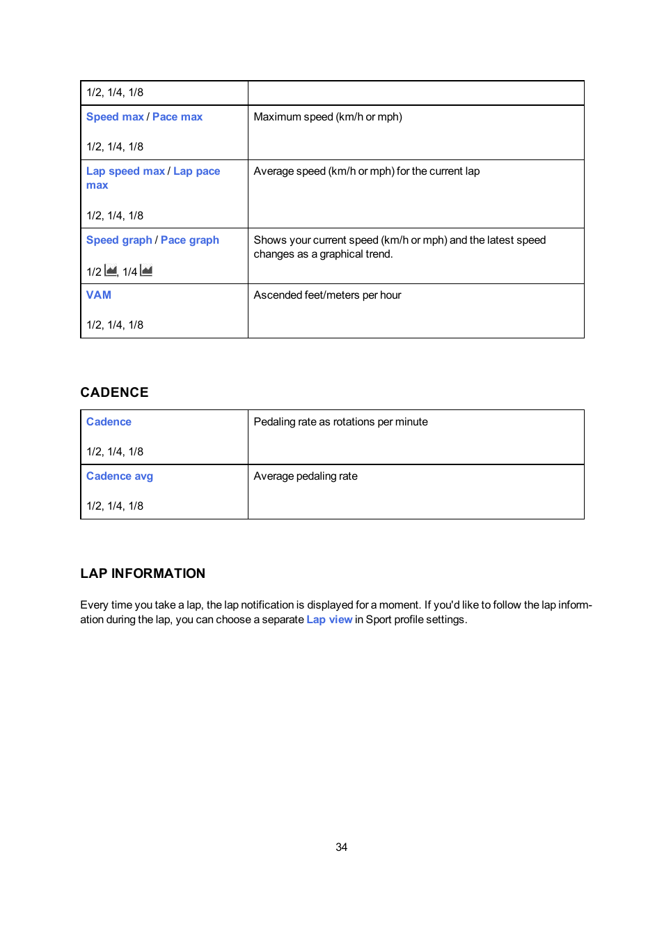 Cadence, Lap information | POLAR V650 User Manual | Page 34 / 56