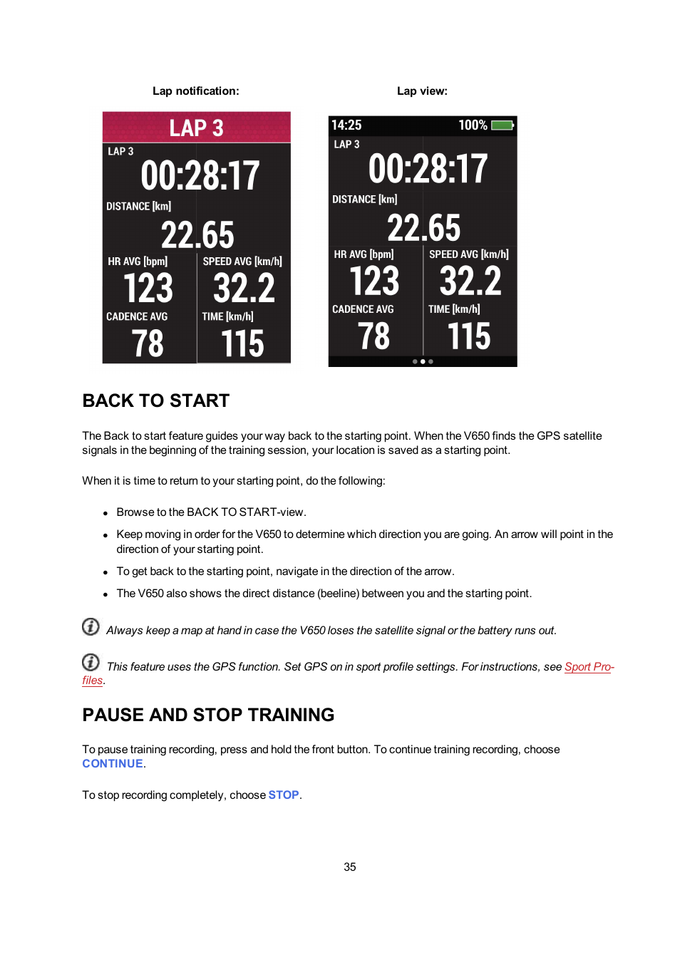 Back to start, Pause and stop training | POLAR V650 User Manual | Page 35 / 56