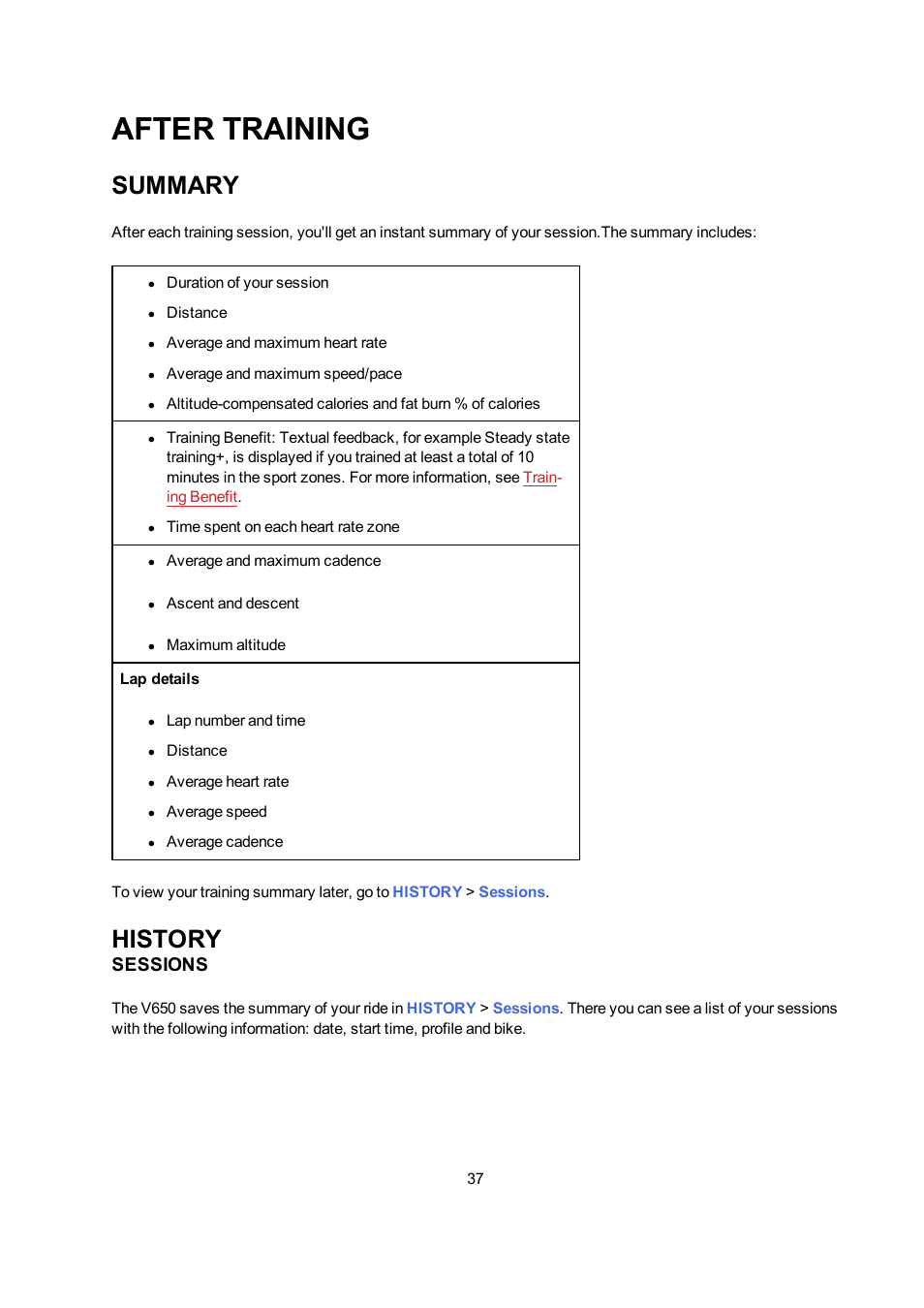 After training, Summary, History | Sessions | POLAR V650 User Manual | Page 37 / 56