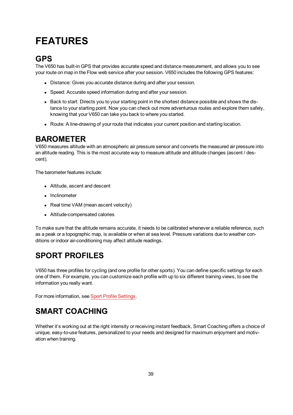 Features, Barometer, Sport profiles | Smart coaching | POLAR V650 User Manual | Page 39 / 56