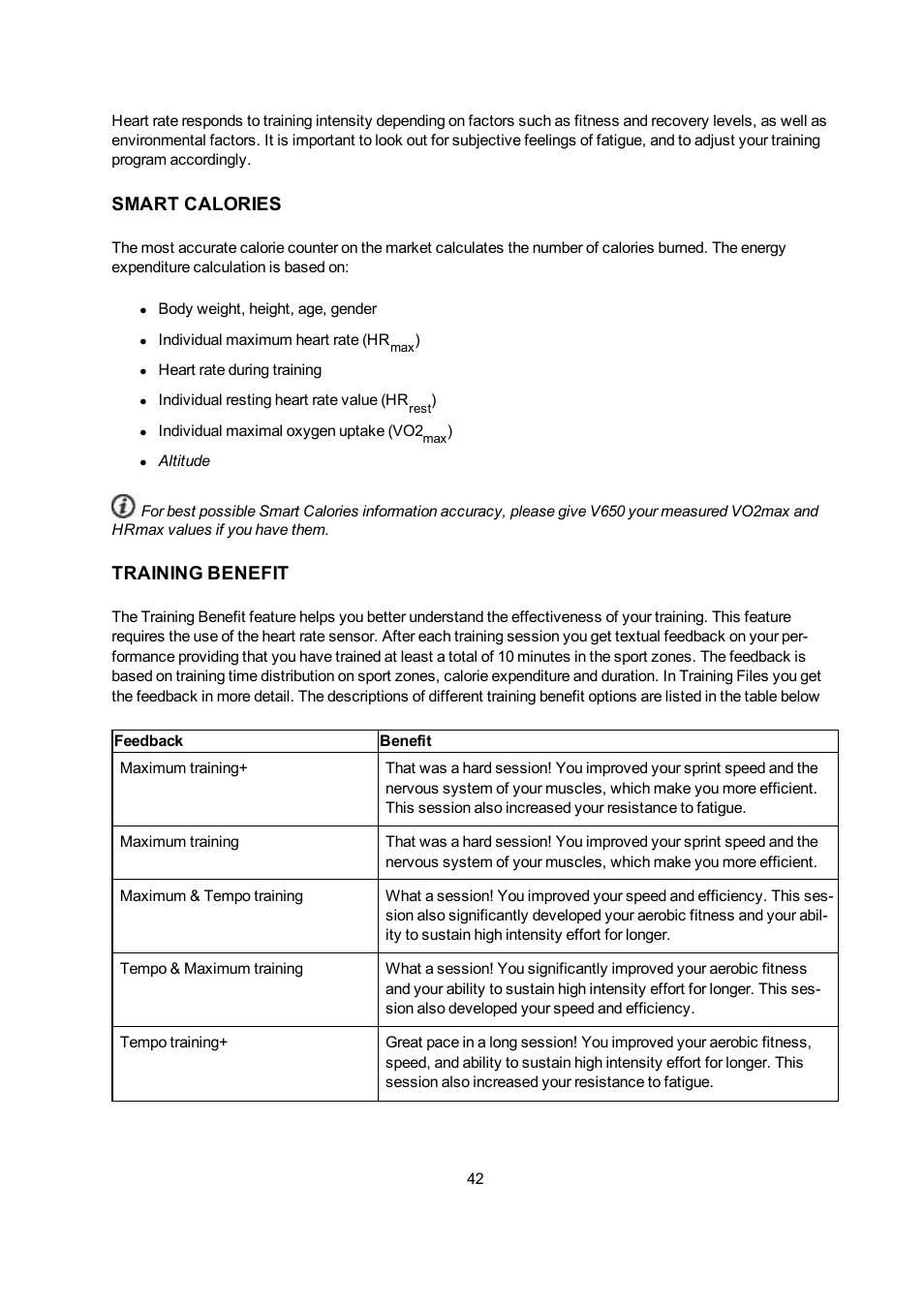 Smart calories, Training benefit, Train | Ing benefit | POLAR V650 User Manual | Page 42 / 56