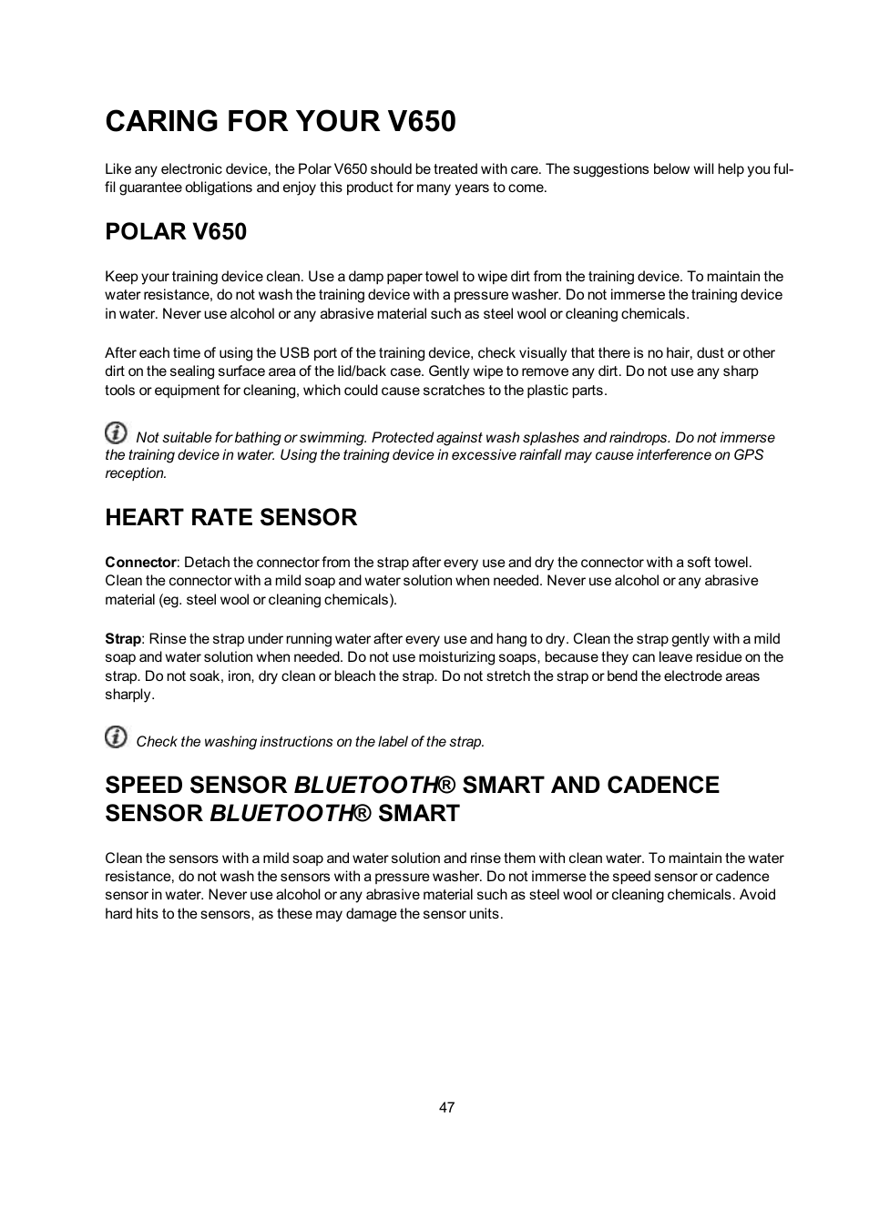 Caring for your v650, Polar v650, Heart rate sensor | Taking care of your, V650 | POLAR V650 User Manual | Page 47 / 56