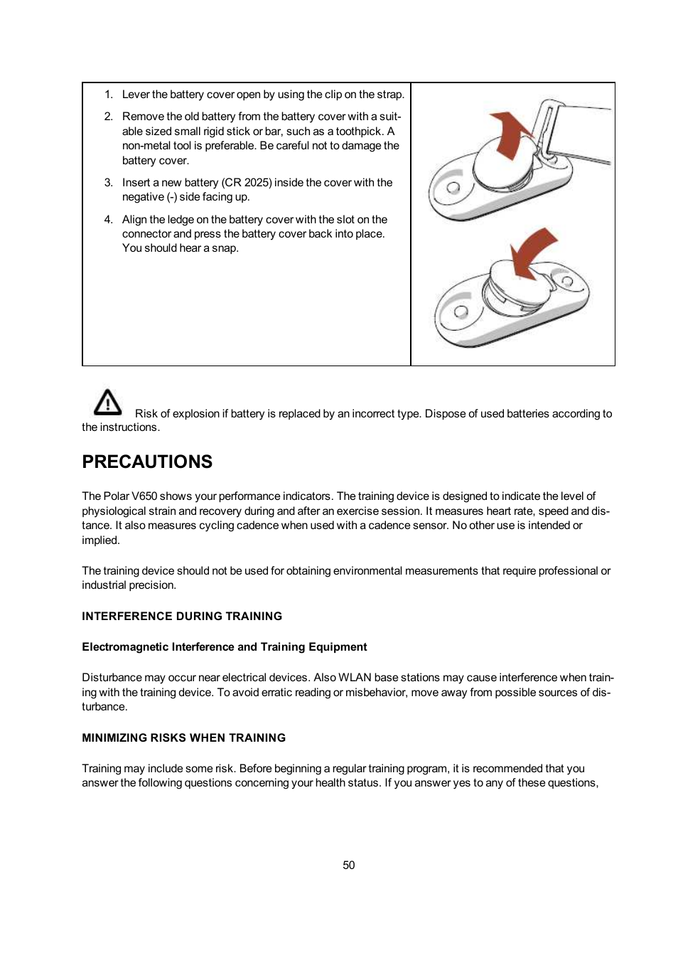 Precautions, Interference during training, Minimizing risks when training | POLAR V650 User Manual | Page 50 / 56